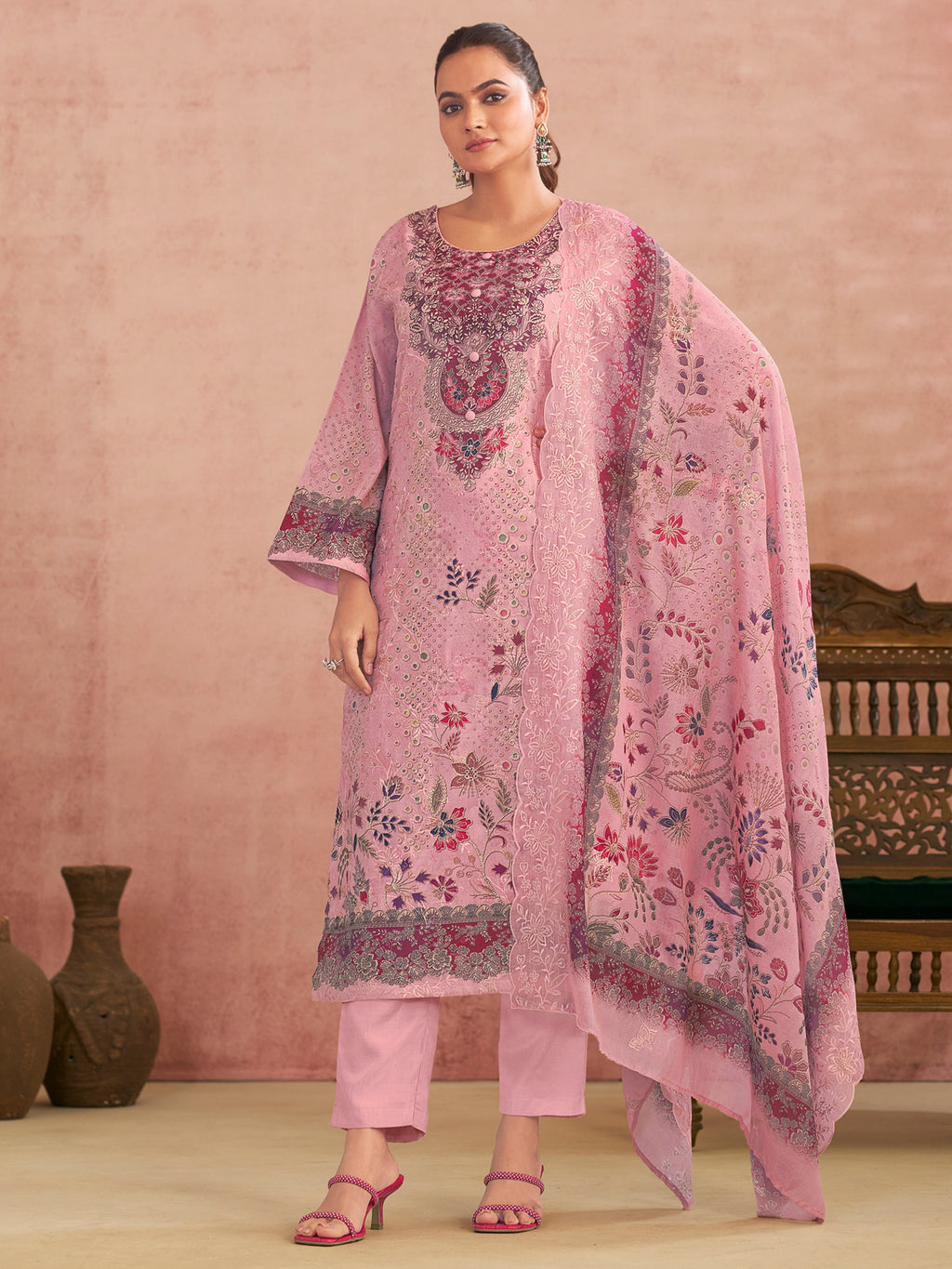 Pink Lawn Cotton Digital Printed Dress Material | Contrast Floral Print with Resham Thread Work