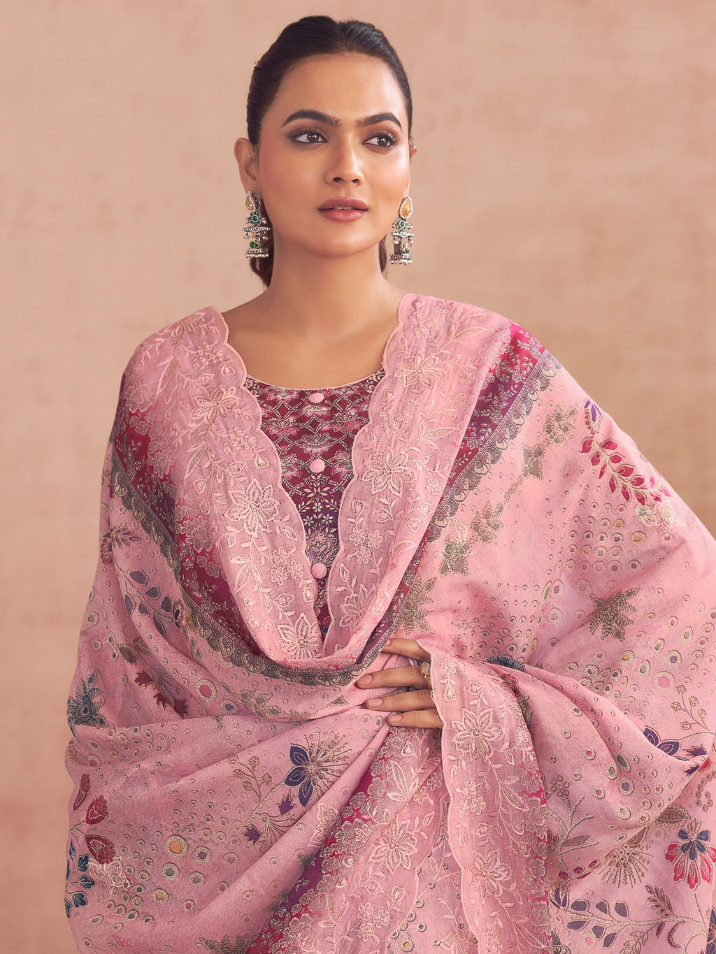 Pink Lawn Cotton Digital Printed Dress Material | Contrast Floral Print with Resham Thread Work
