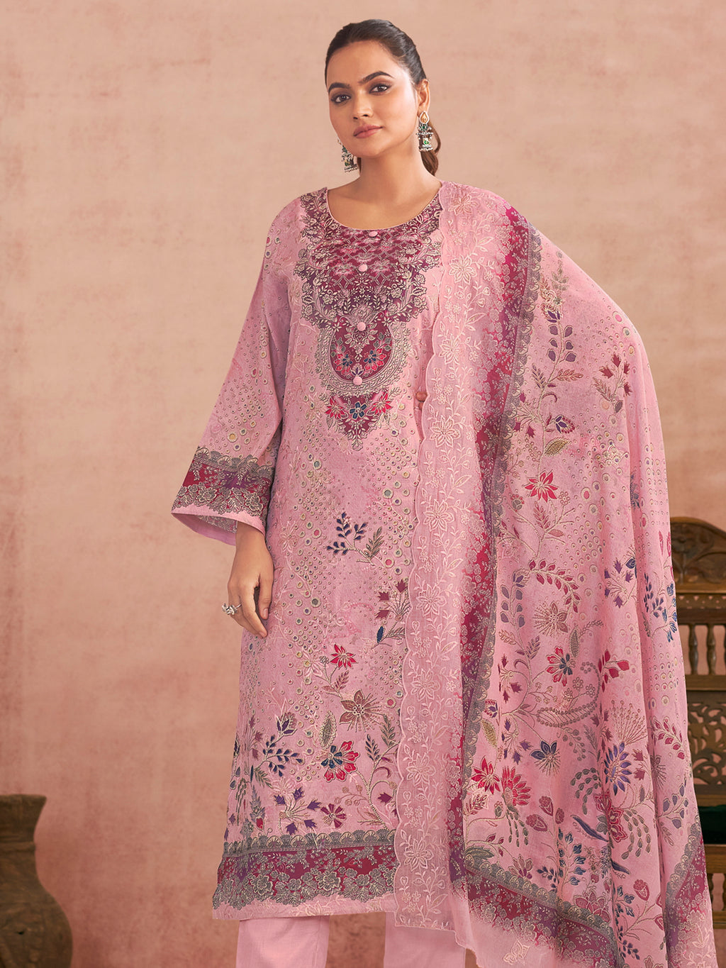 Pink Lawn Cotton Digital Printed Dress Material | Contrast Floral Print with Resham Thread Work