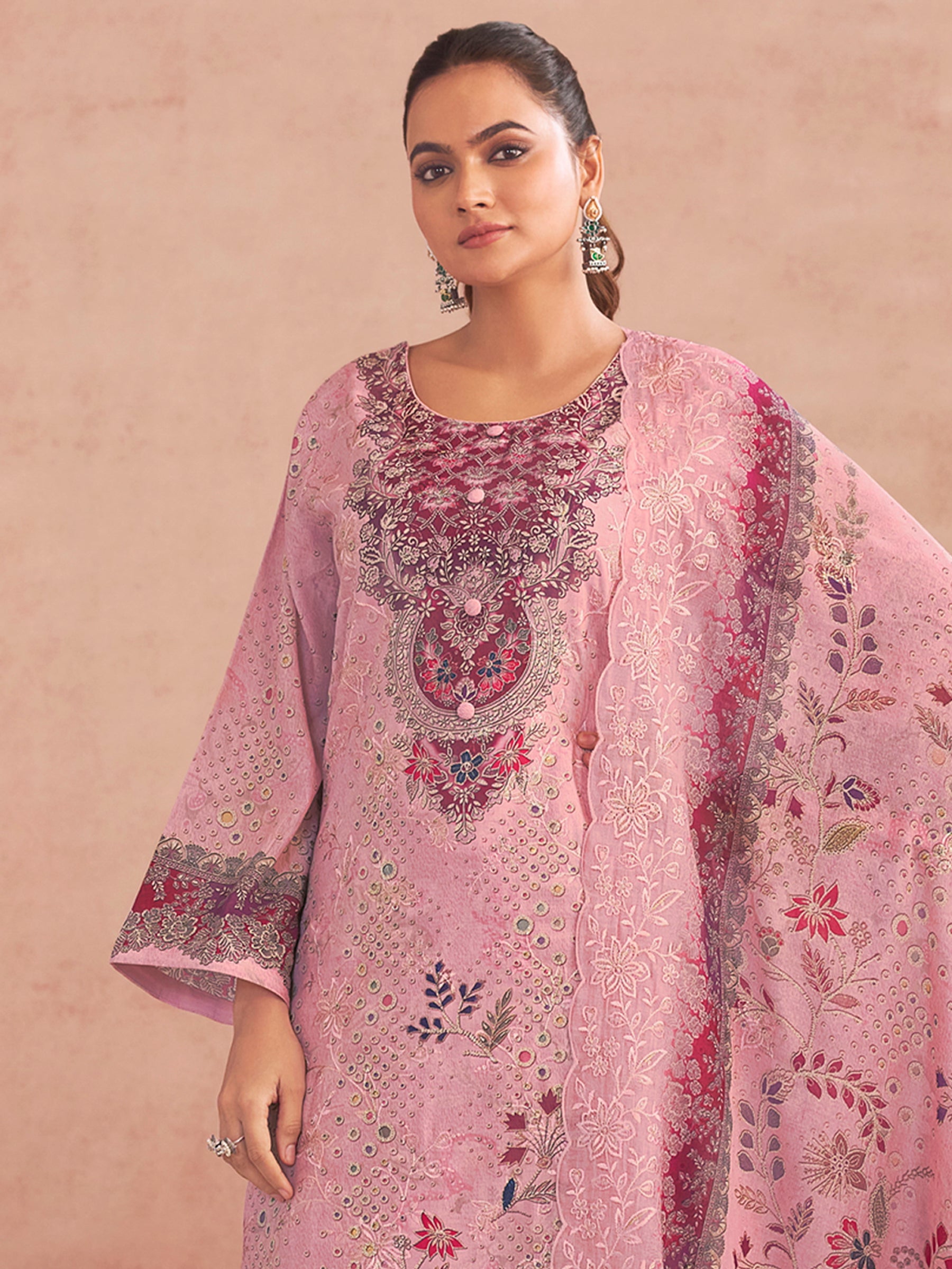 Pink Lawn Cotton Digital Printed Dress Material | Contrast Floral Print with Resham Thread Work