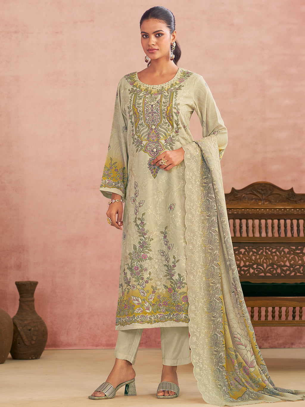 Cream Lawn Cotton Digital Printed Dress Material | Contrast Floral Print with Resham Thread Work