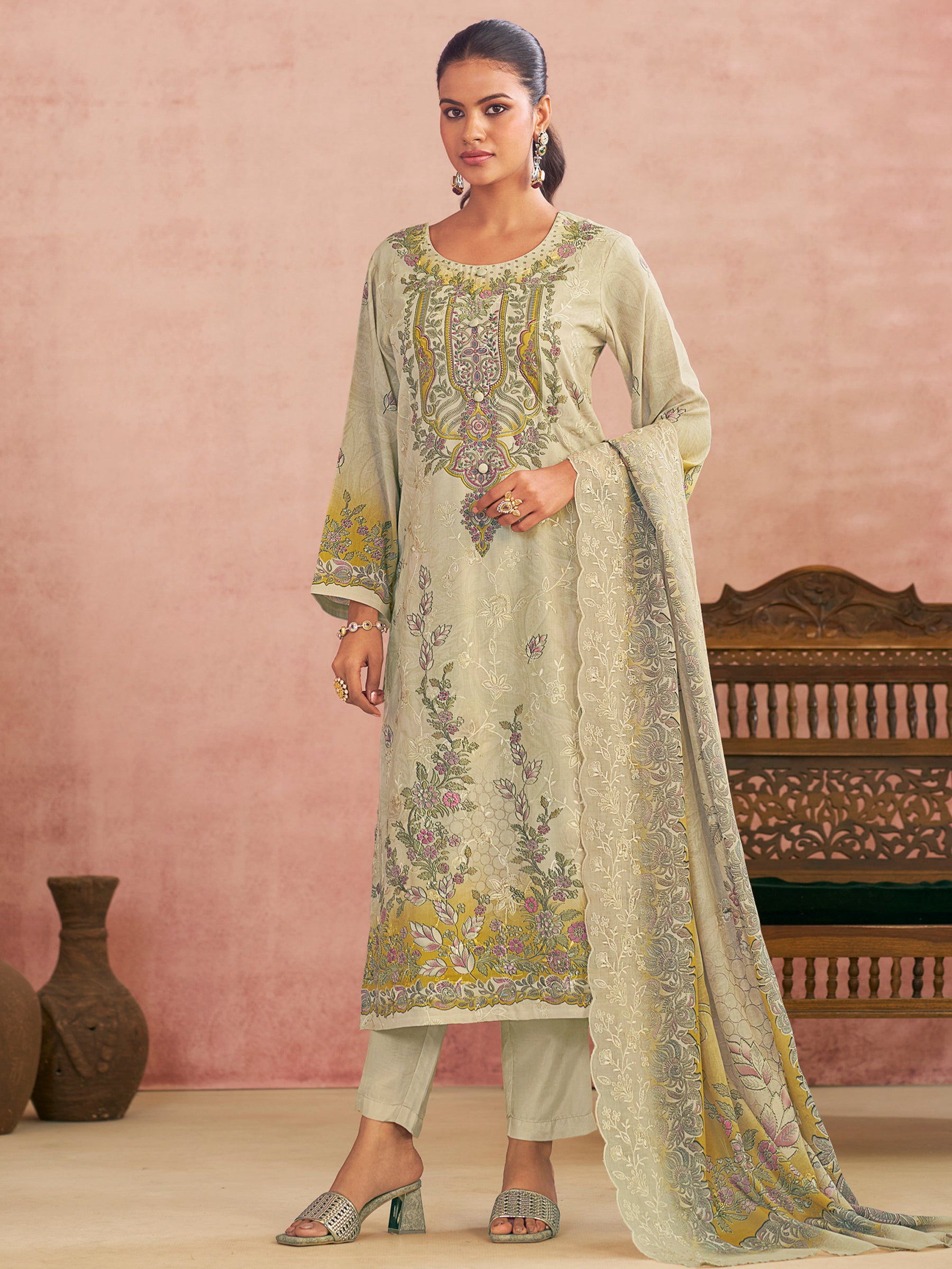 Cream Lawn Cotton Digital Printed Dress Material | Contrast Floral Print with Resham Thread Work