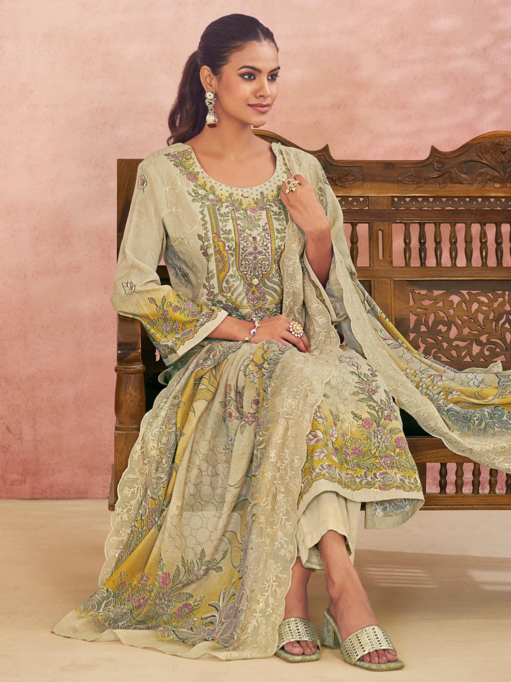 Cream Lawn Cotton Digital Printed Dress Material | Contrast Floral Print with Resham Thread Work