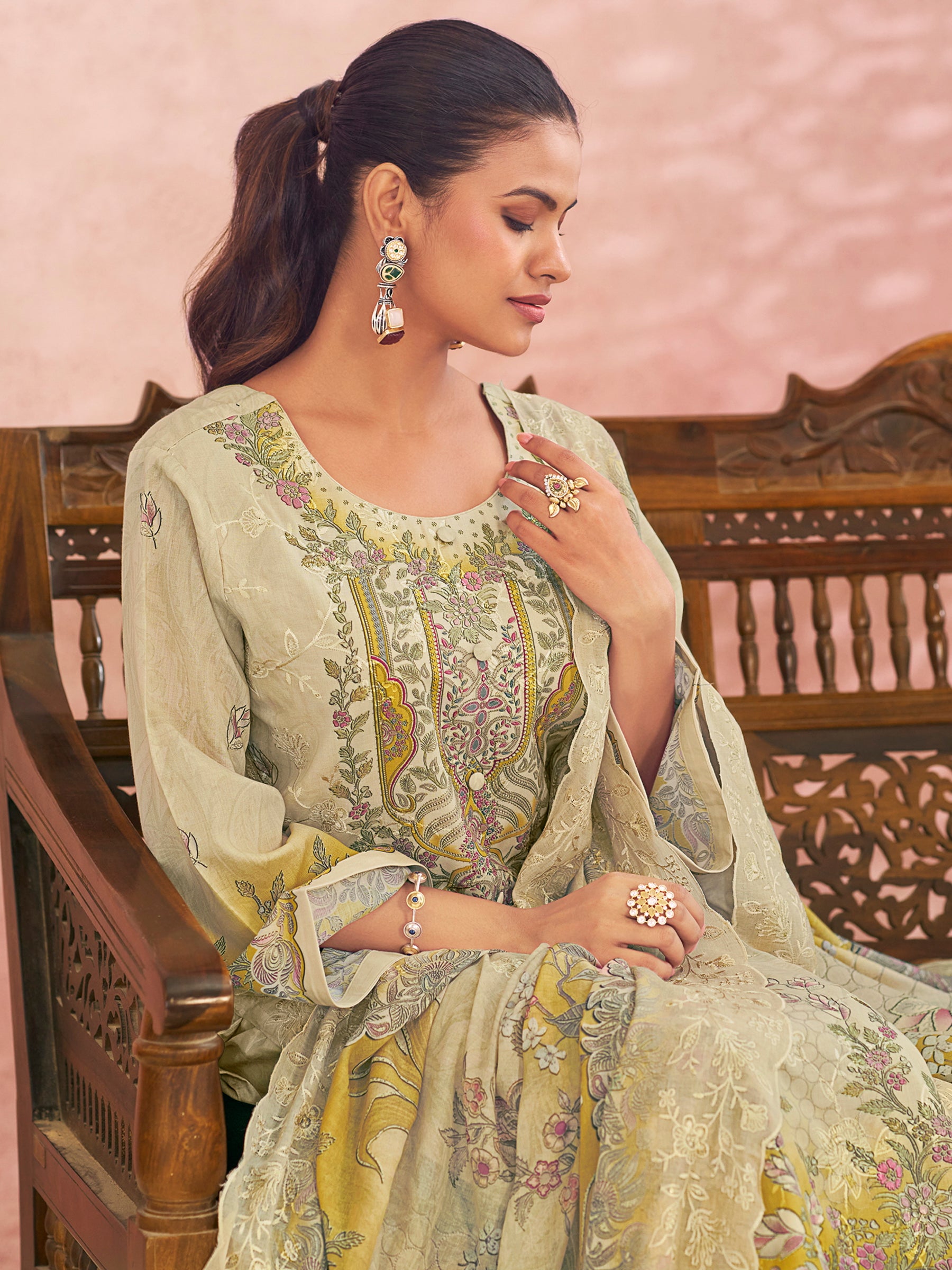 Cream Lawn Cotton Digital Printed Dress Material | Contrast Floral Print with Resham Thread Work
