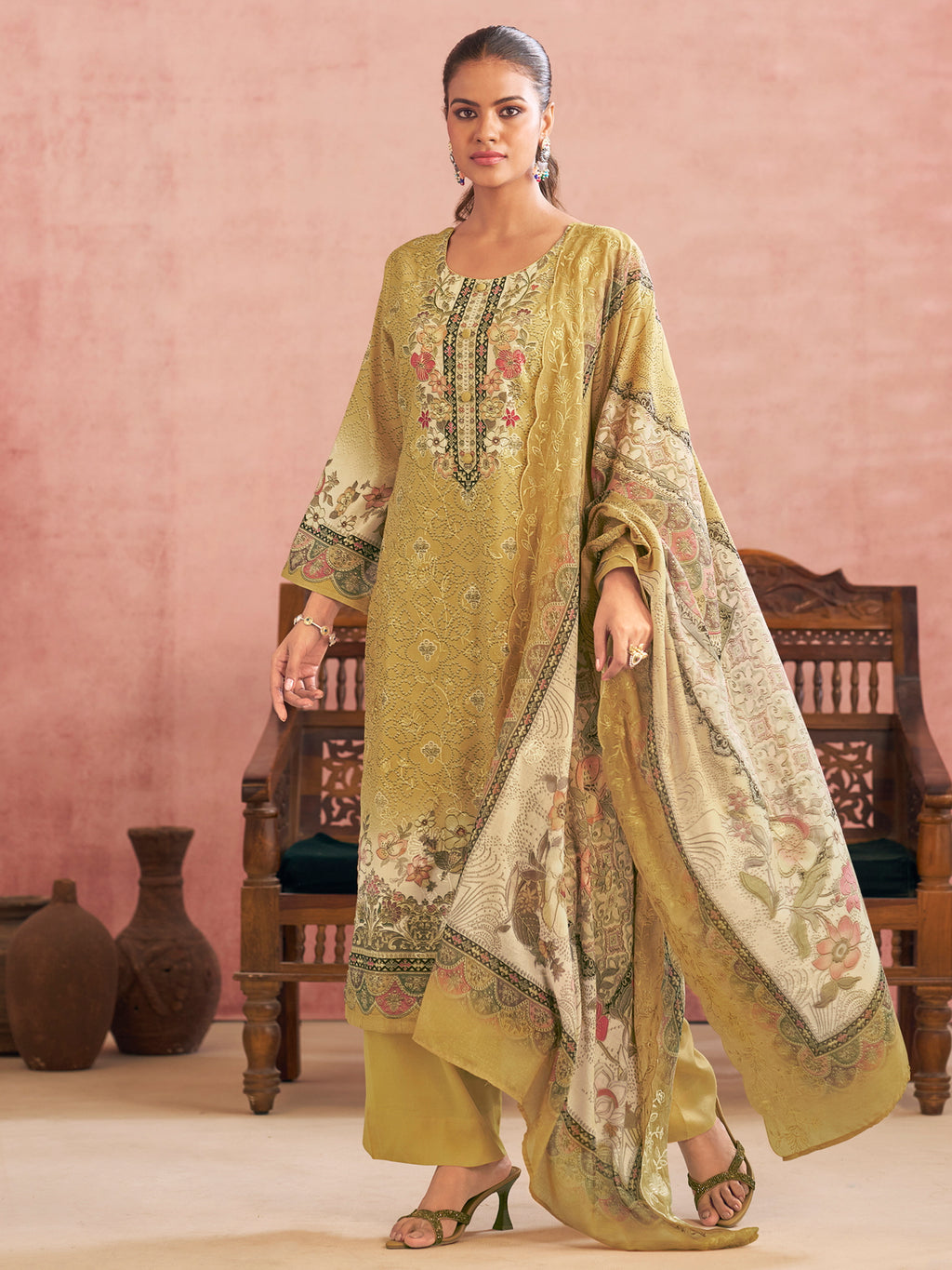 Yellow Lawn Cotton Digital Printed Dress Material | Contrast Floral Print with Resham Thread Work