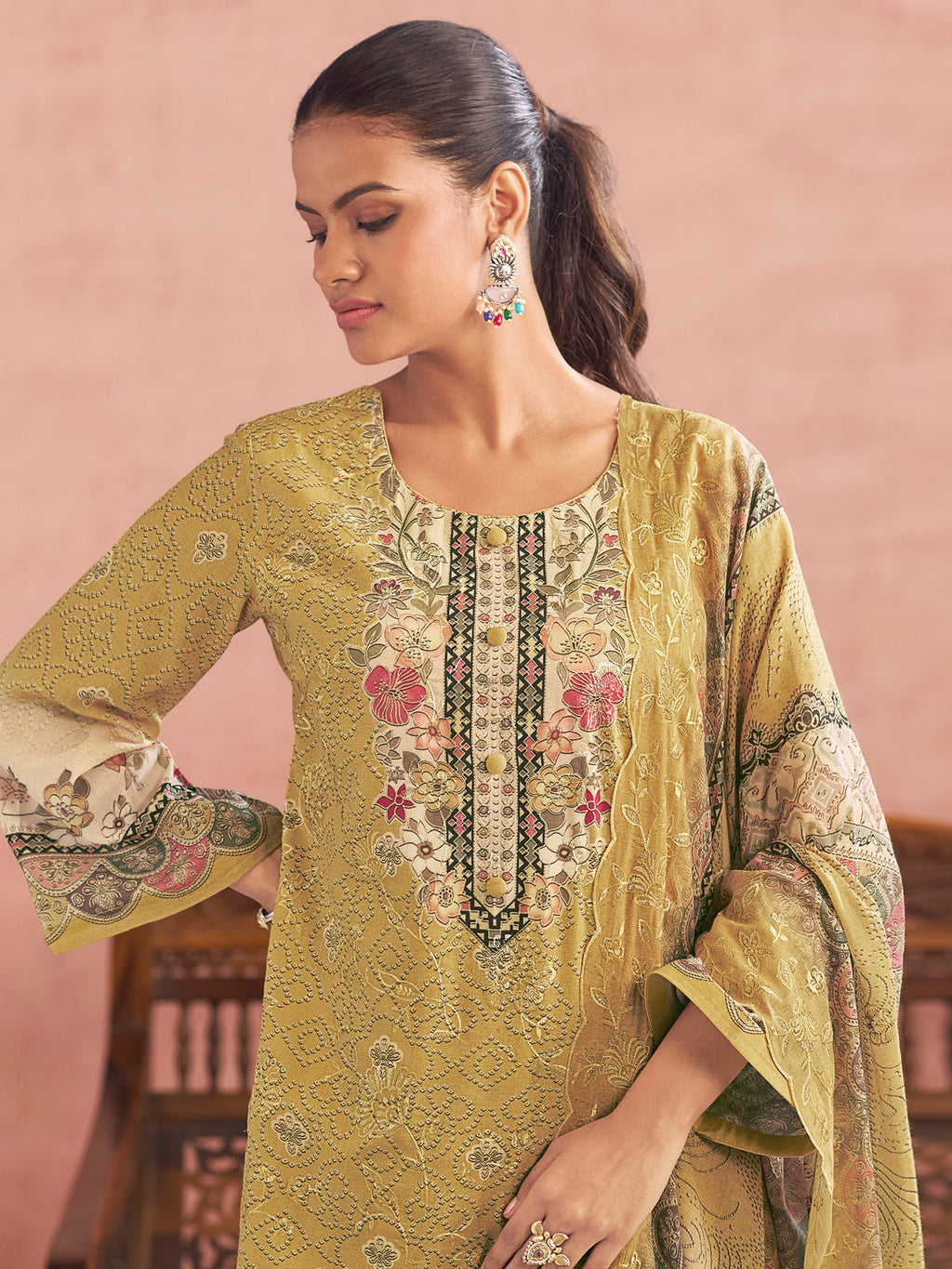 Yellow Lawn Cotton Digital Printed Dress Material | Contrast Floral Print with Resham Thread Work