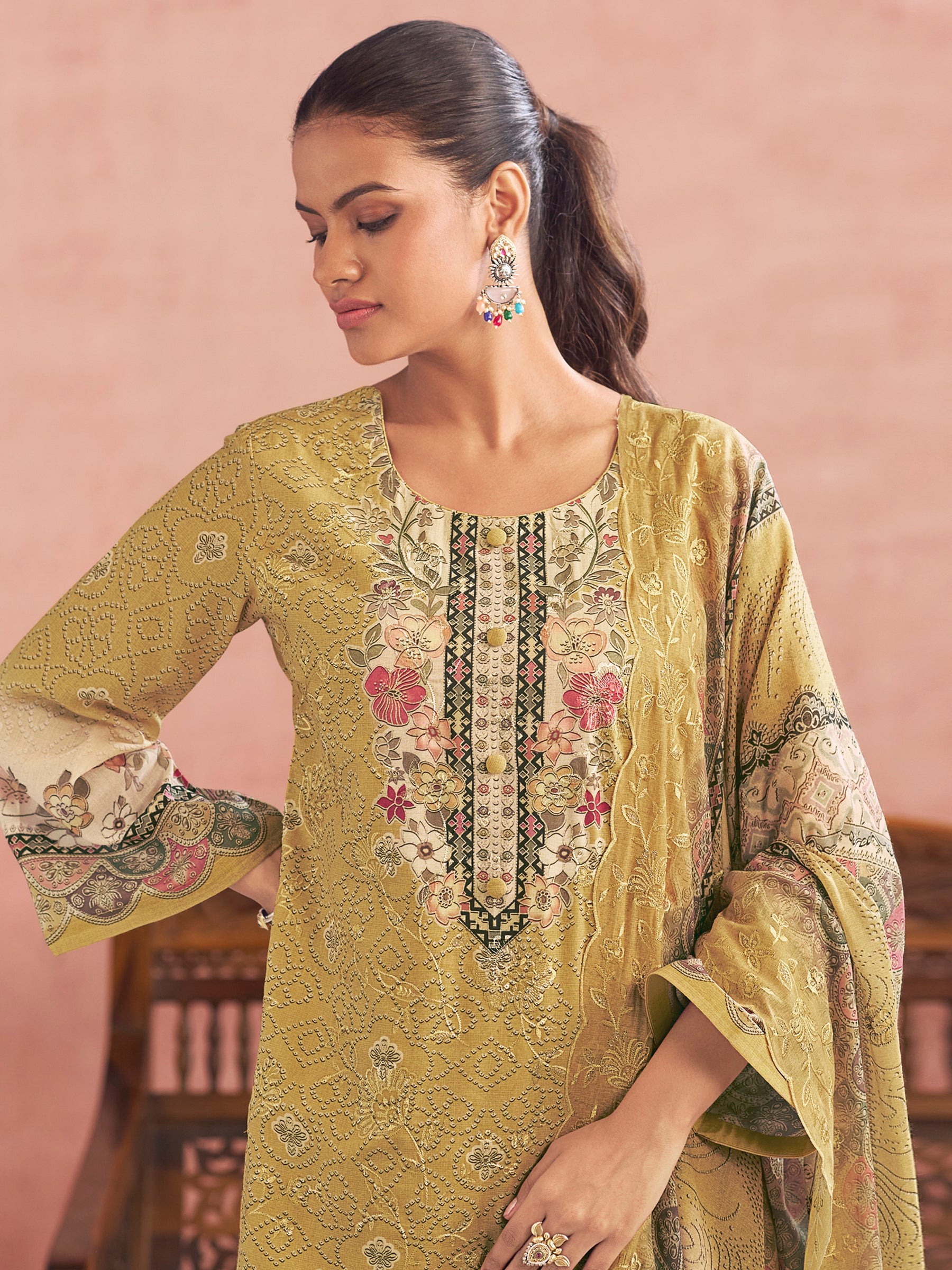 Yellow Lawn Cotton Digital Printed Dress Material | Contrast Floral Print with Resham Thread Work