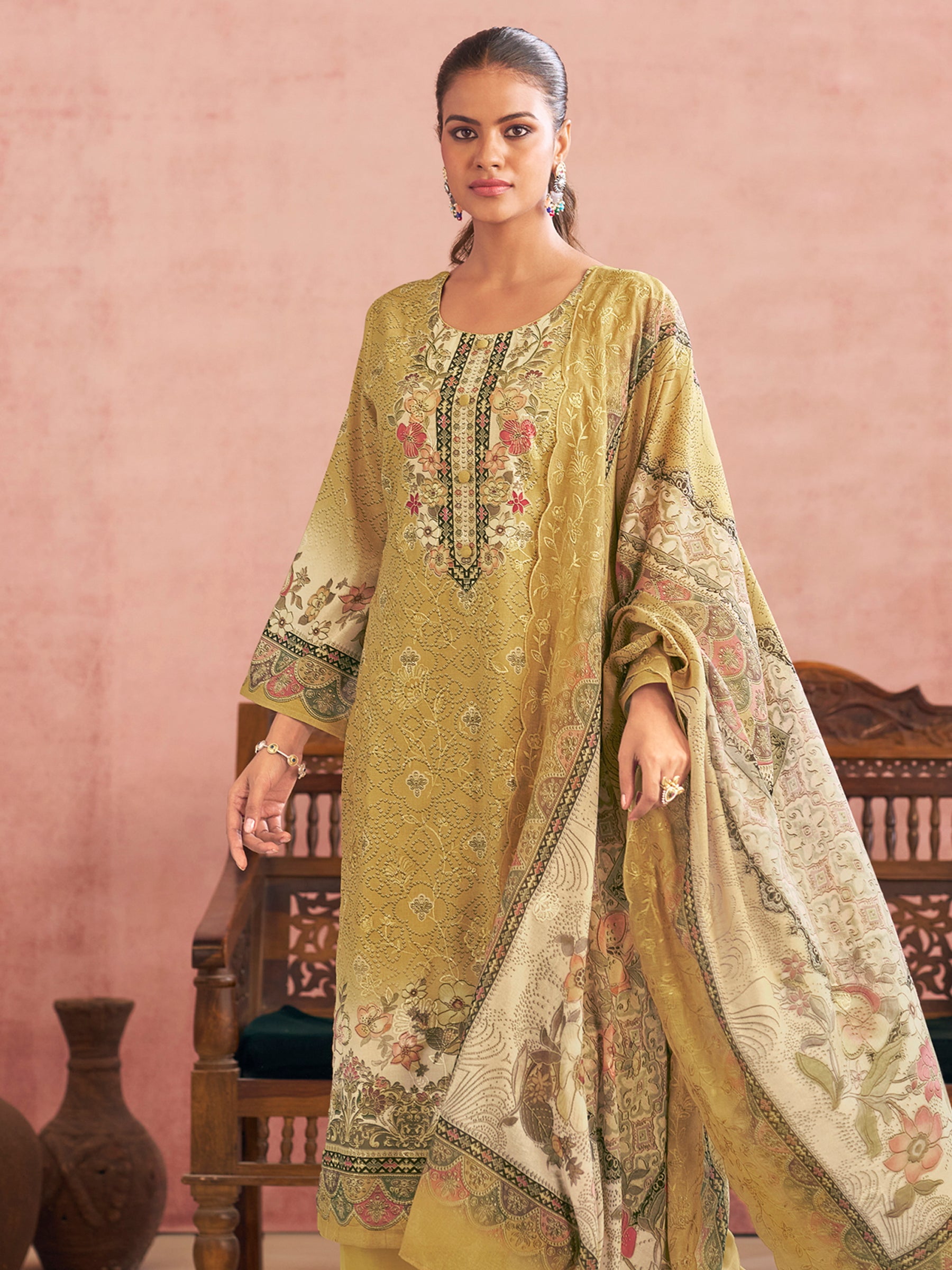 Yellow Lawn Cotton Digital Printed Dress Material | Contrast Floral Print with Resham Thread Work