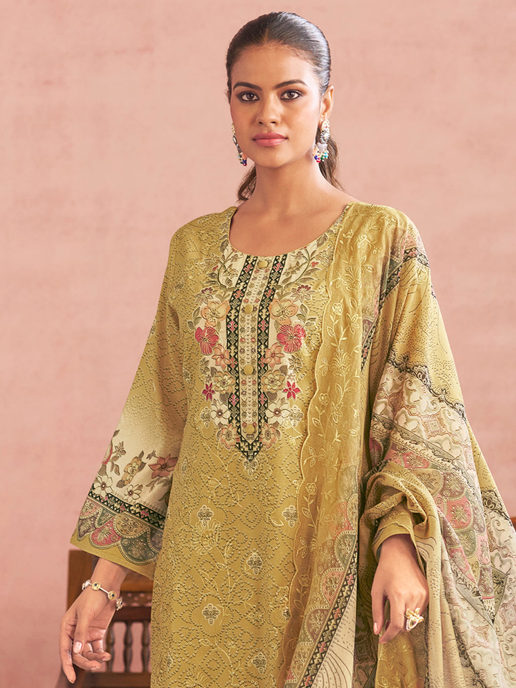 Yellow Lawn Cotton Digital Printed Dress Material | Contrast Floral Print with Resham Thread Work