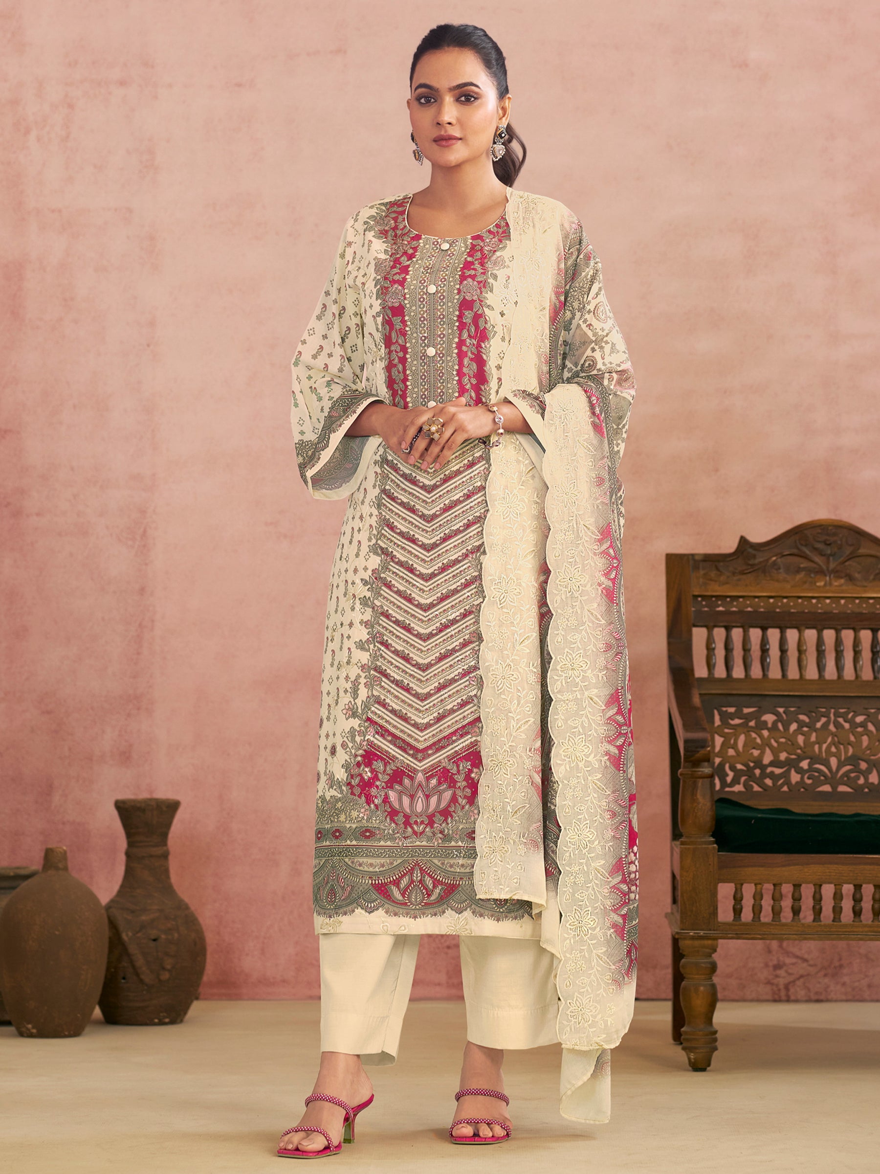 Off White Lawn Cotton Digital Printed Dress Material | Contrast Floral Print with Resham Thread Work