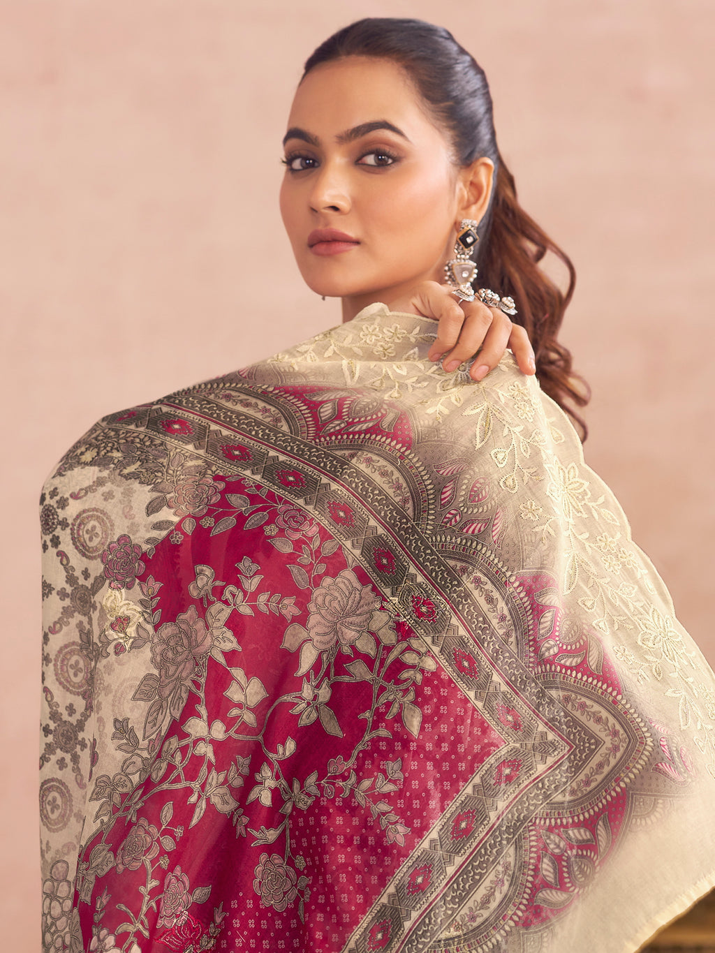 Off White Lawn Cotton Digital Printed Dress Material | Contrast Floral Print with Resham Thread Work