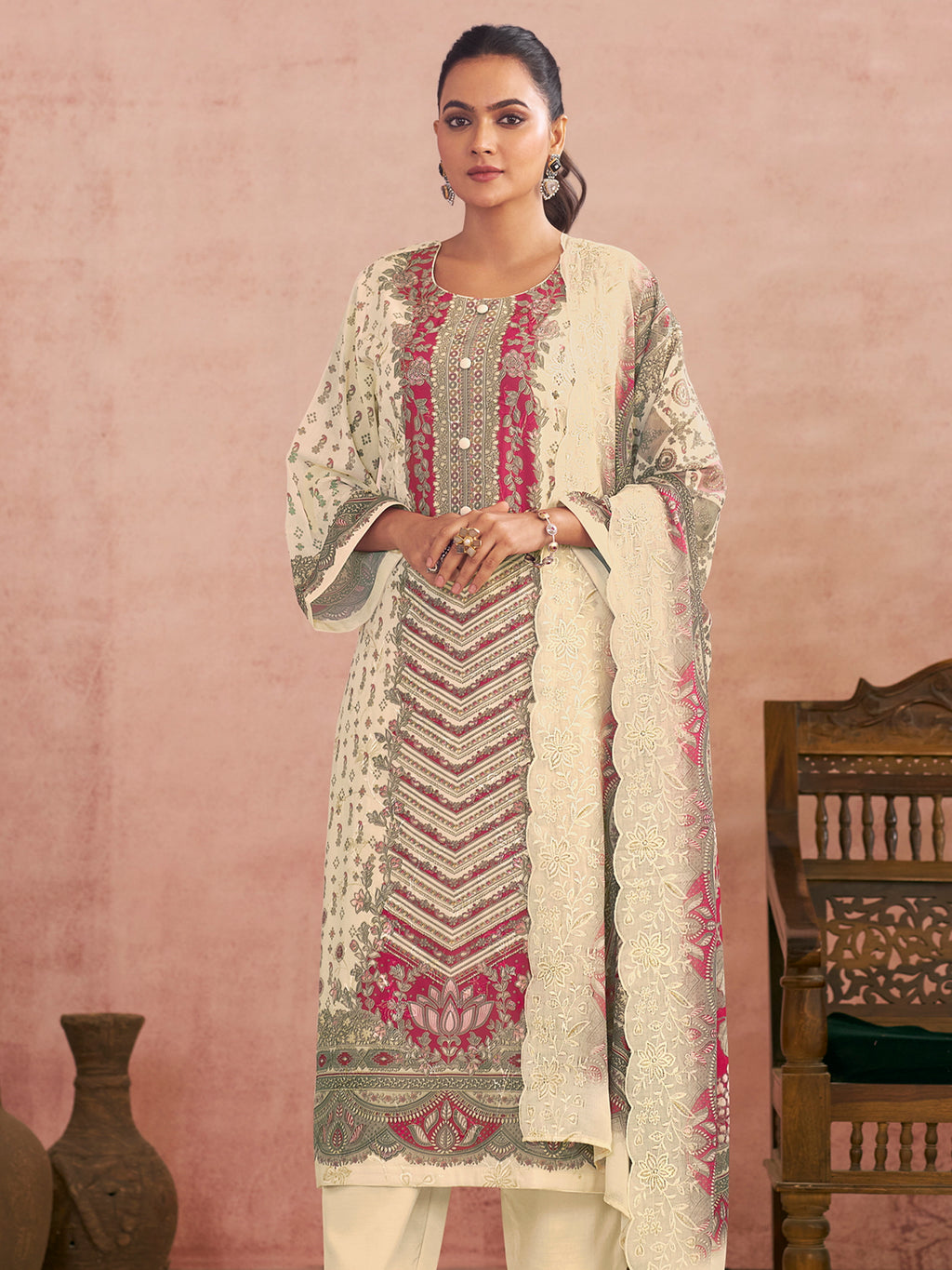 Off White Lawn Cotton Digital Printed Dress Material | Contrast Floral Print with Resham Thread Work