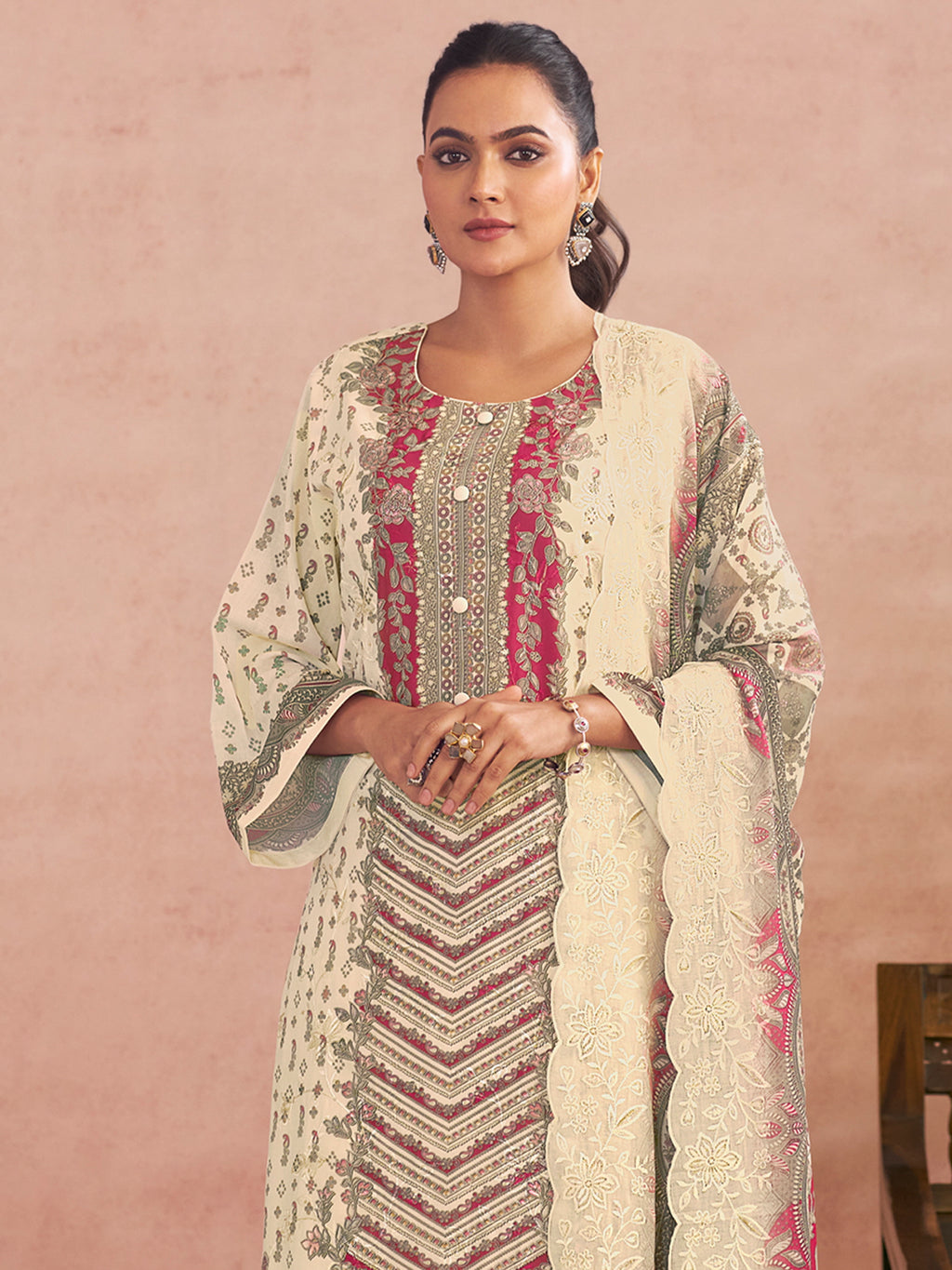 Off White Lawn Cotton Digital Printed Dress Material | Contrast Floral Print with Resham Thread Work