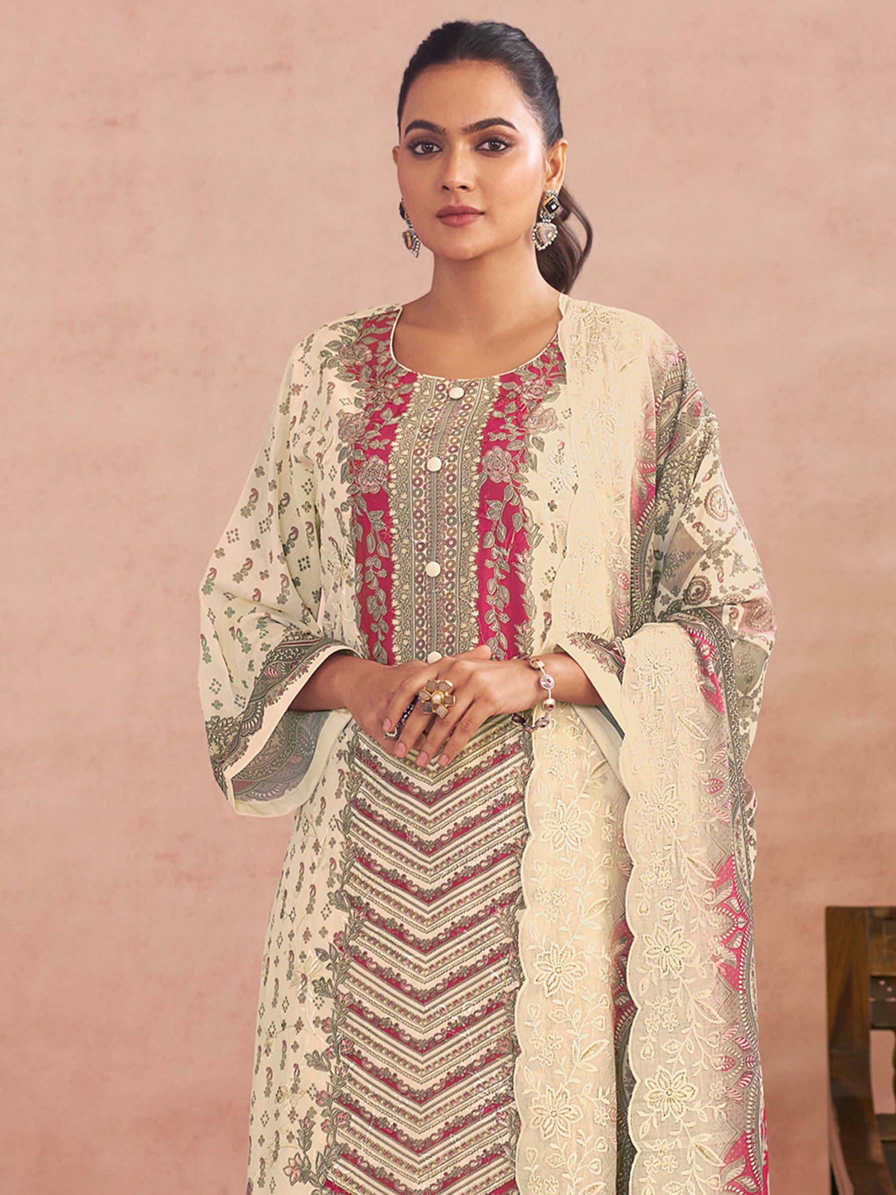 Off White Lawn Cotton Digital Printed Dress Material | Contrast Floral Print with Resham Thread Work