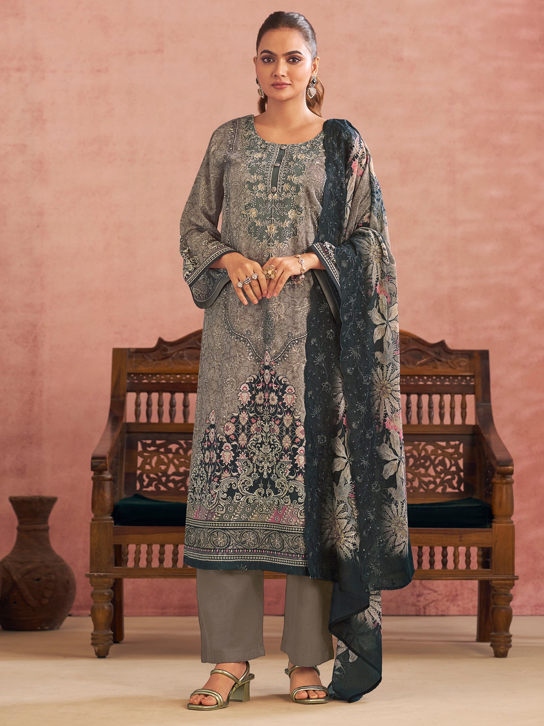 Grey Lawn Cotton Digital Printed Dress Material | Contrast Floral Print with Resham Thread Work