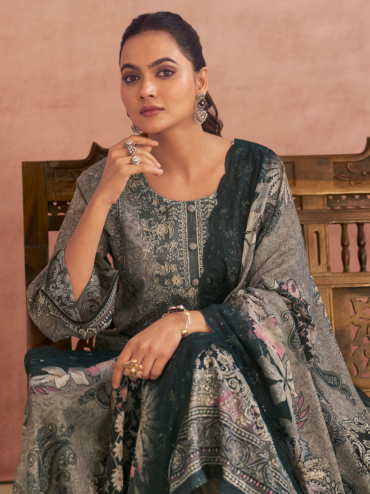 Grey Lawn Cotton Digital Printed Dress Material | Contrast Floral Print with Resham Thread Work