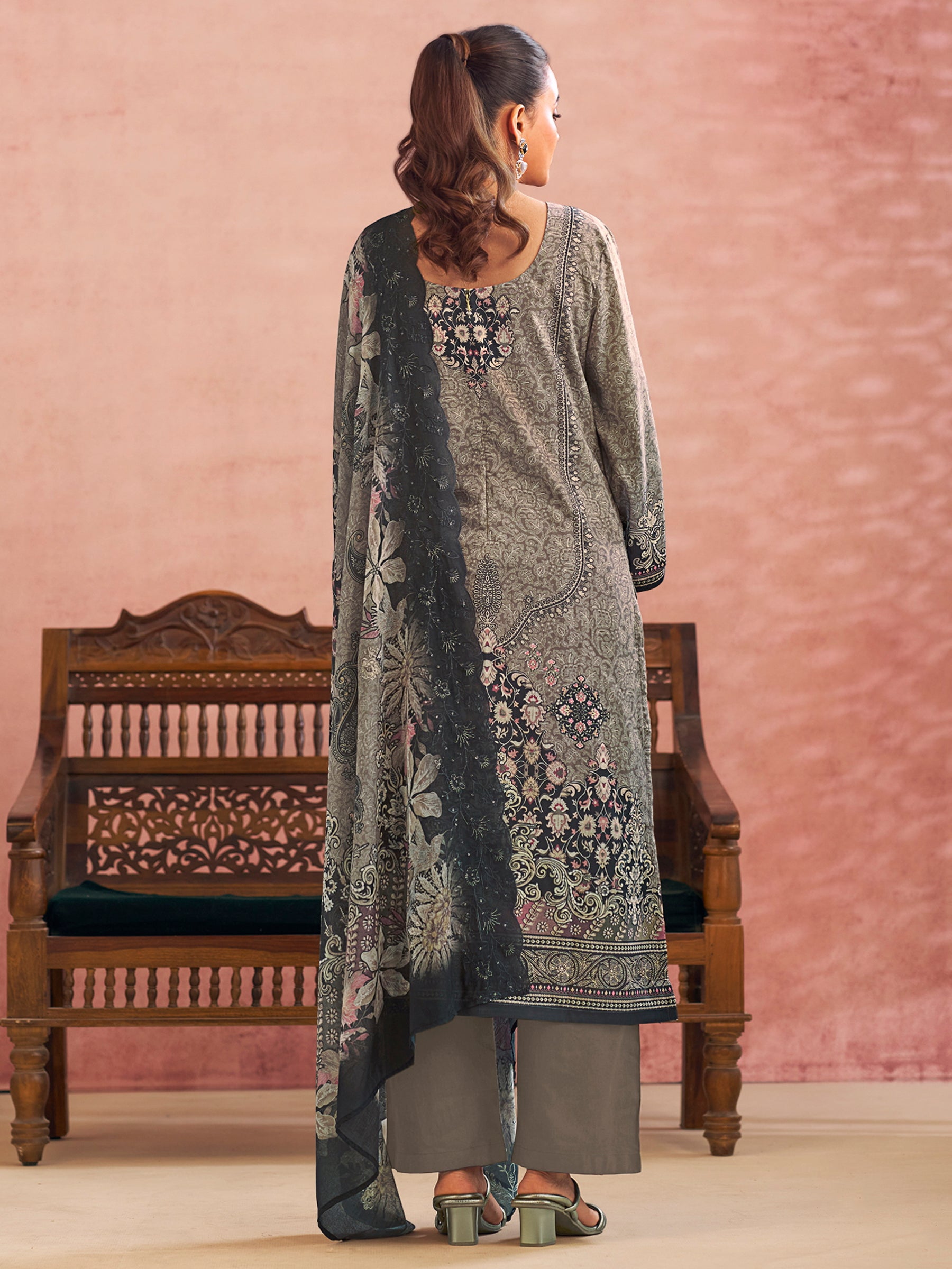Grey Lawn Cotton Digital Printed Dress Material | Contrast Floral Print with Resham Thread Work