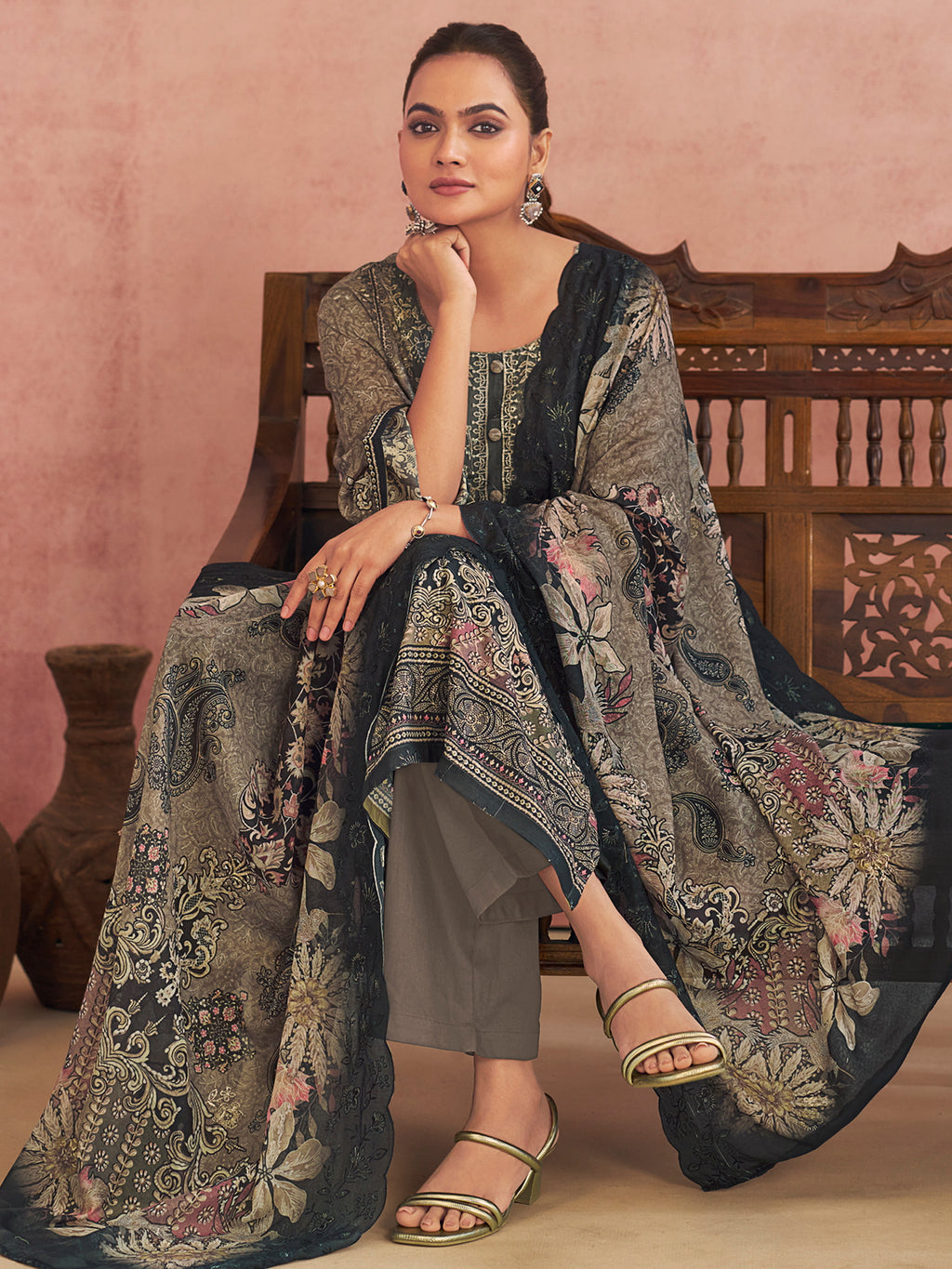 Grey Lawn Cotton Digital Printed Dress Material | Contrast Floral Print with Resham Thread Work