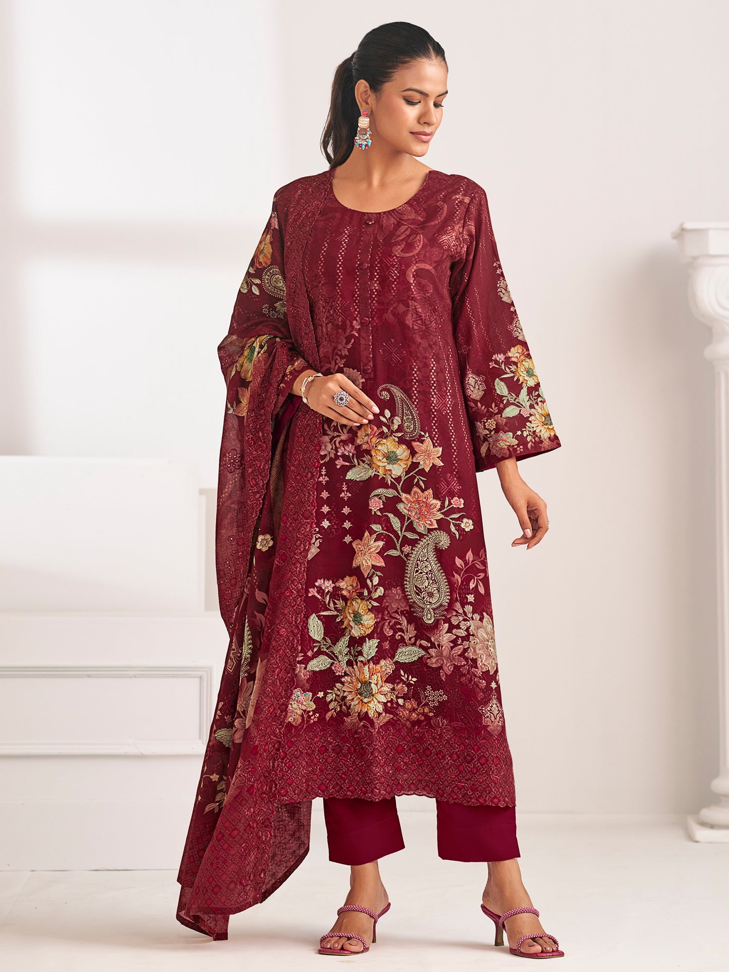 Maroon Lawn Cotton Digital Print Suit | Floral Design with Resham Thread Work| Unstitched Fabric