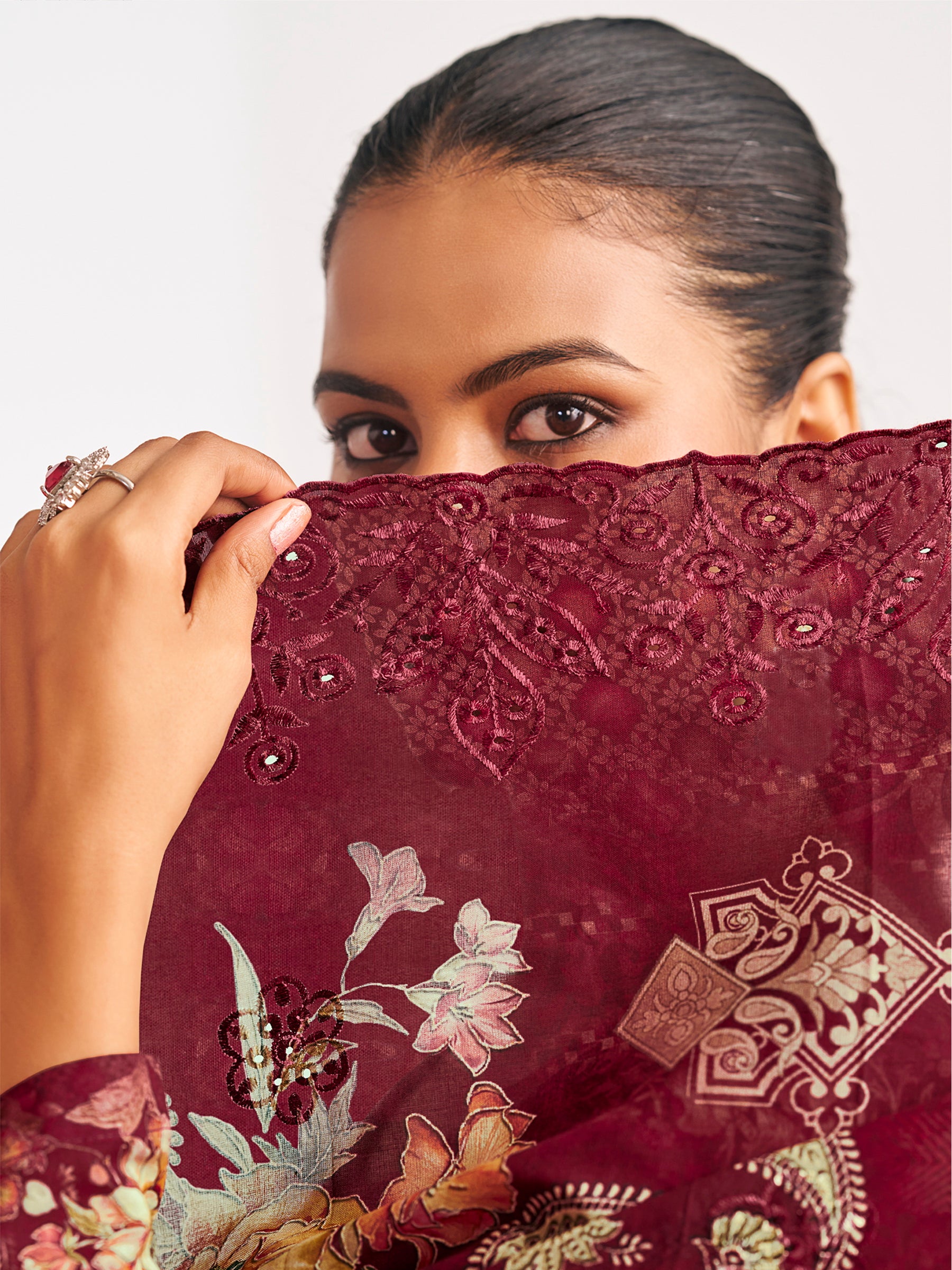 Maroon Lawn Cotton Digital Print Suit | Floral Design with Resham Thread Work