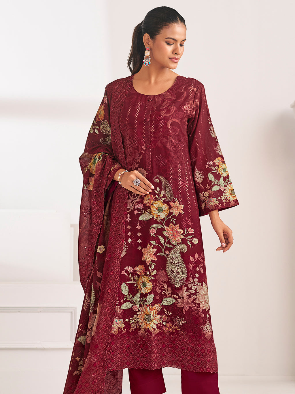 Maroon Lawn Cotton Digital Print Suit | Floral Design with Resham Thread Work