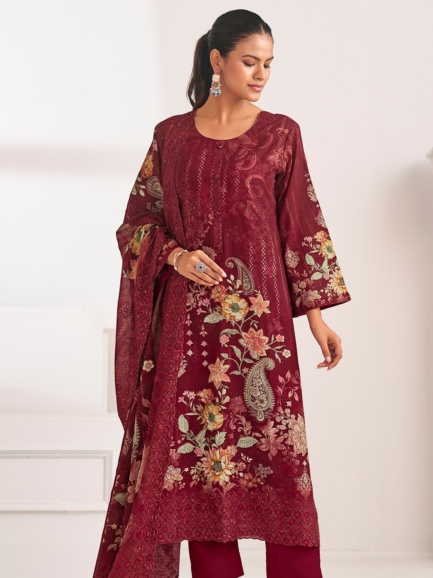 Maroon Lawn Cotton Digital Print Suit | Floral Design with Resham Thread Work| Unstitched Fabric