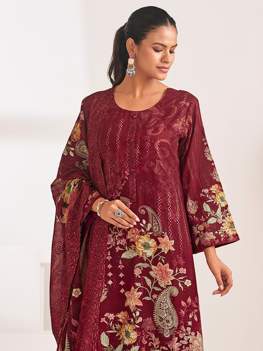 Maroon Lawn Cotton Digital Print Suit | Floral Design with Resham Thread Work| Unstitched Fabric
