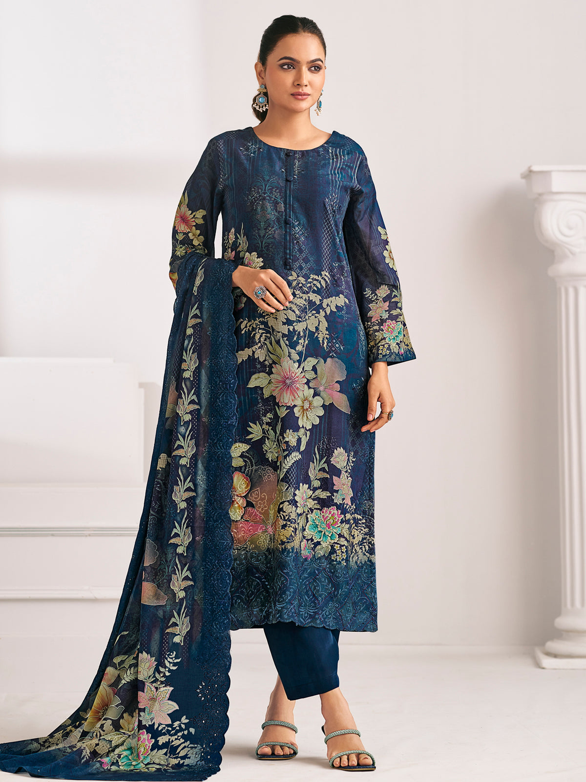 Navy Blue Lawn Cotton Digital Print Suit | Floral Design with Resham Thread Work| Unstitched Fabric