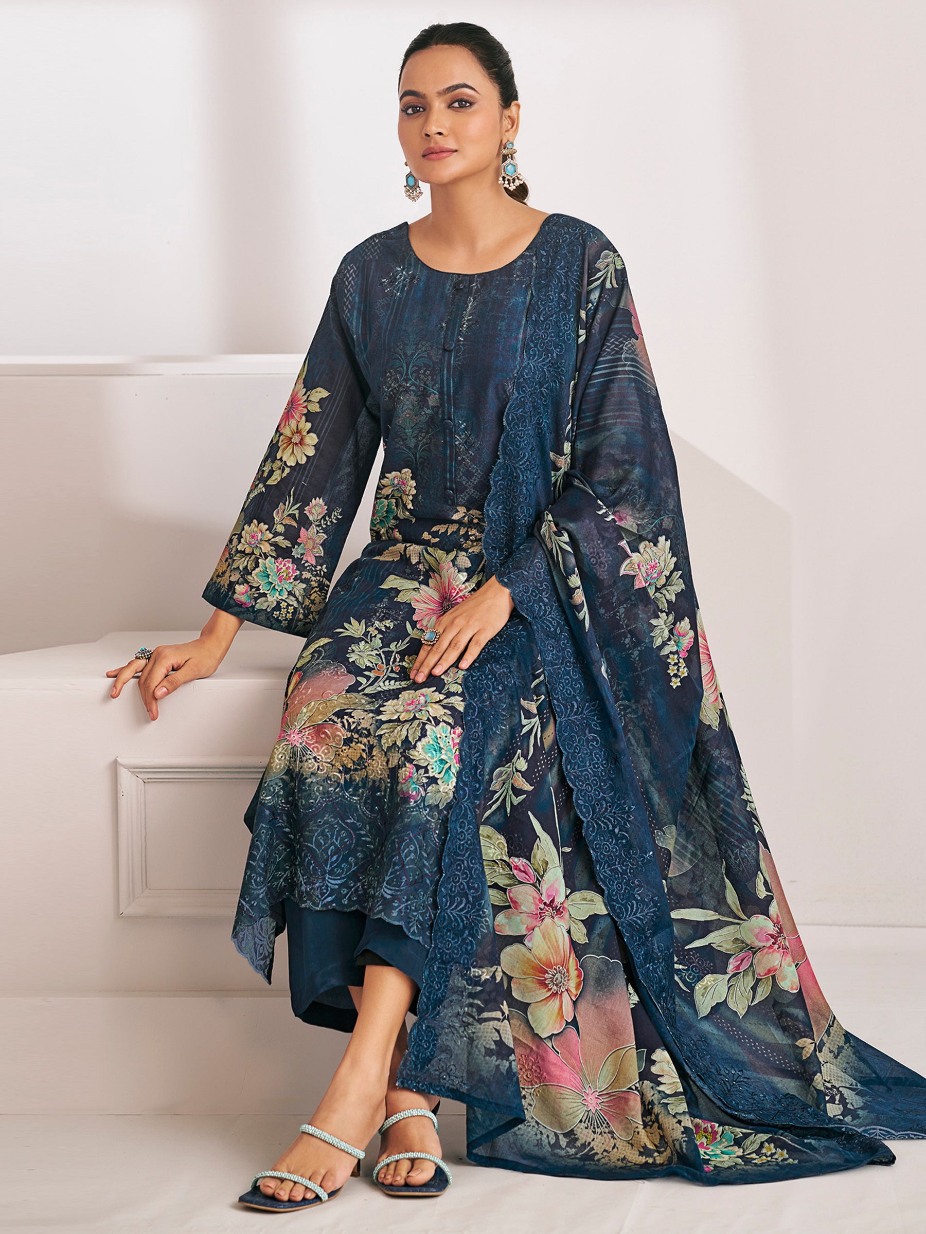 Navy Blue Lawn Cotton Digital Print Suit | Floral Design with Resham Thread Work