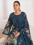 Navy Blue Lawn Cotton Digital Print Suit | Floral Design with Resham Thread Work