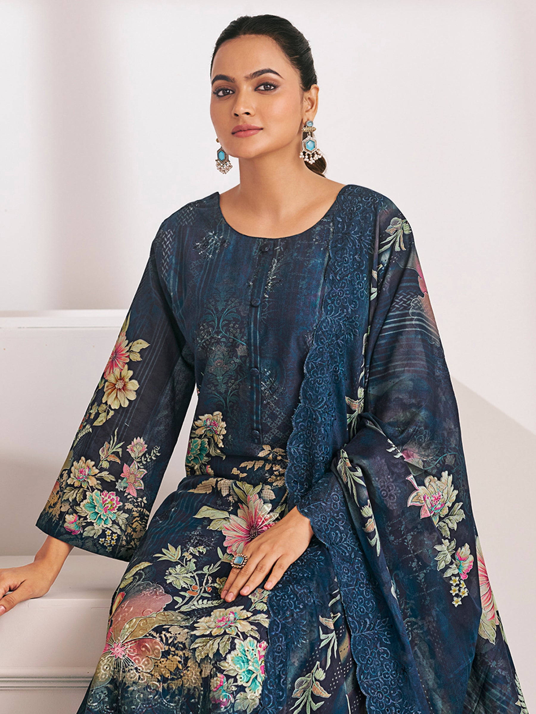 Navy Blue Lawn Cotton Digital Print Suit | Floral Design with Resham Thread Work