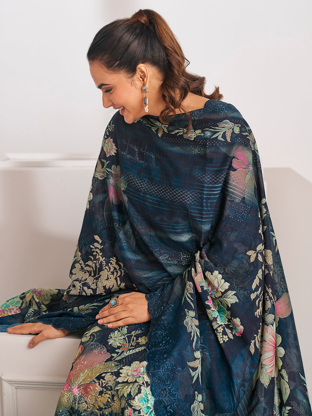 Navy Blue Lawn Cotton Digital Print Suit | Floral Design with Resham Thread Work