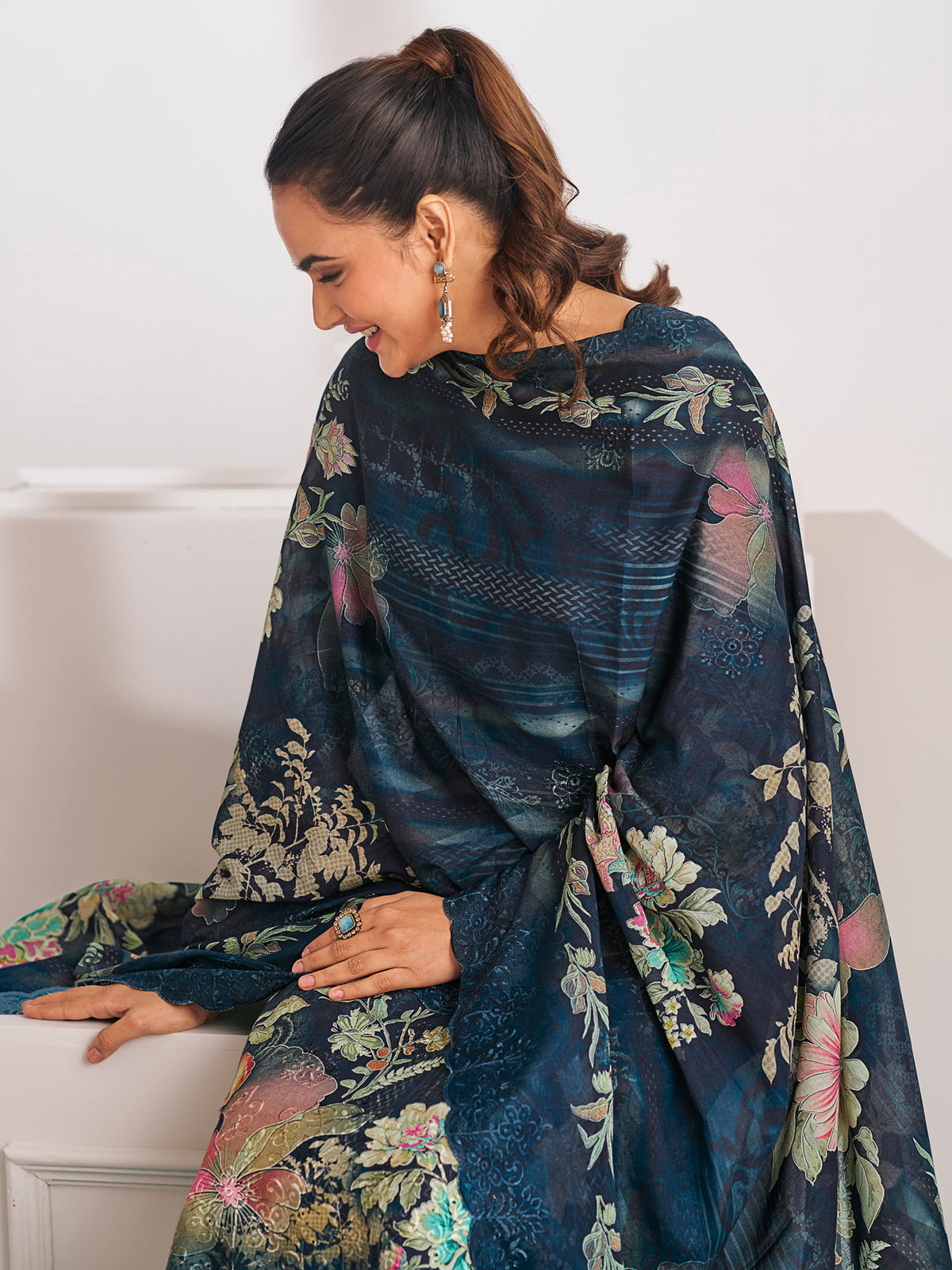 Navy Blue Lawn Cotton Digital Print Suit | Floral Design with Resham Thread Work| Unstitched Fabric