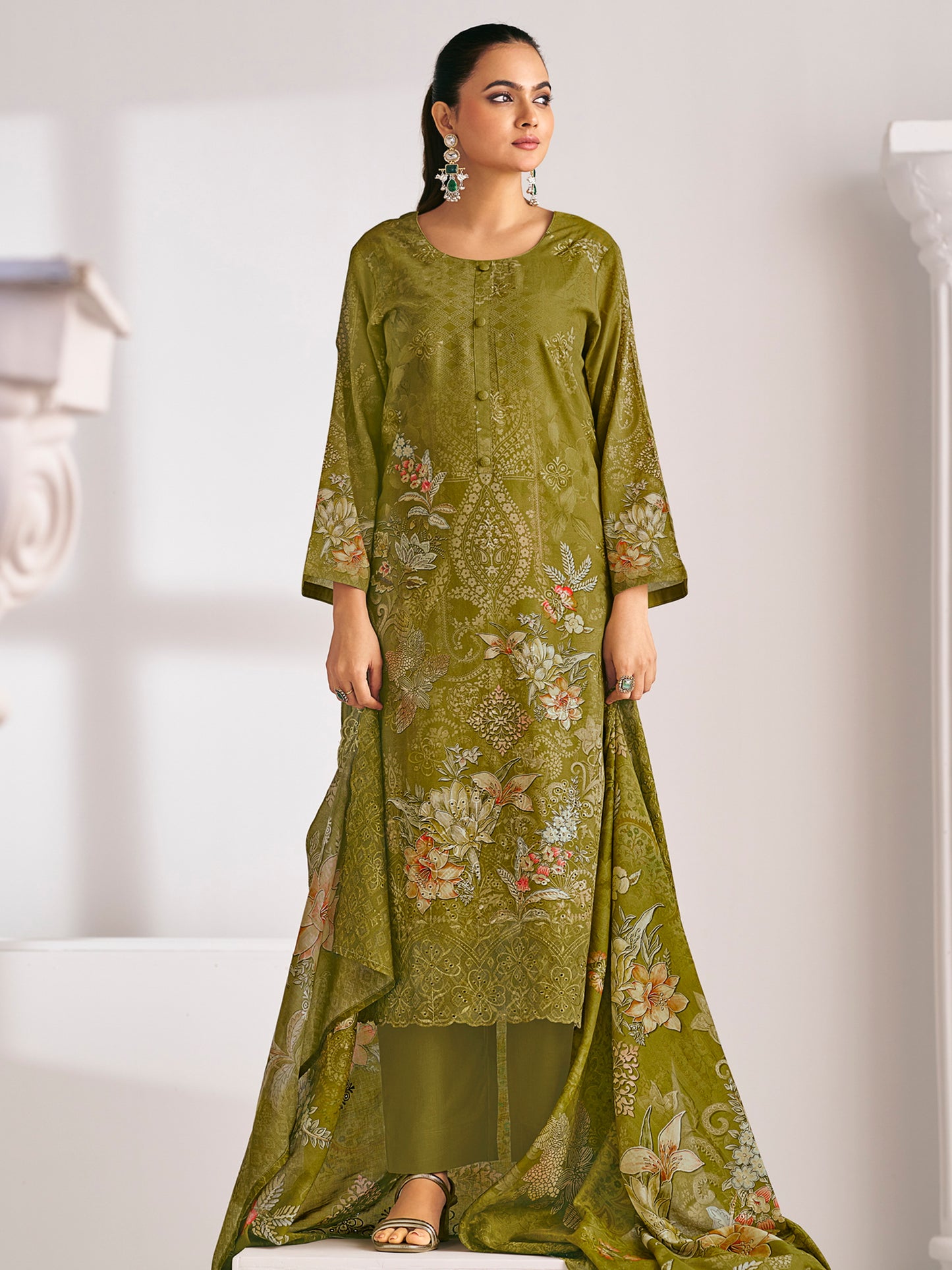 Olive Lawn Cotton Digital Print Suit | Floral Design with Resham Thread Work| Unstitched Fabric
