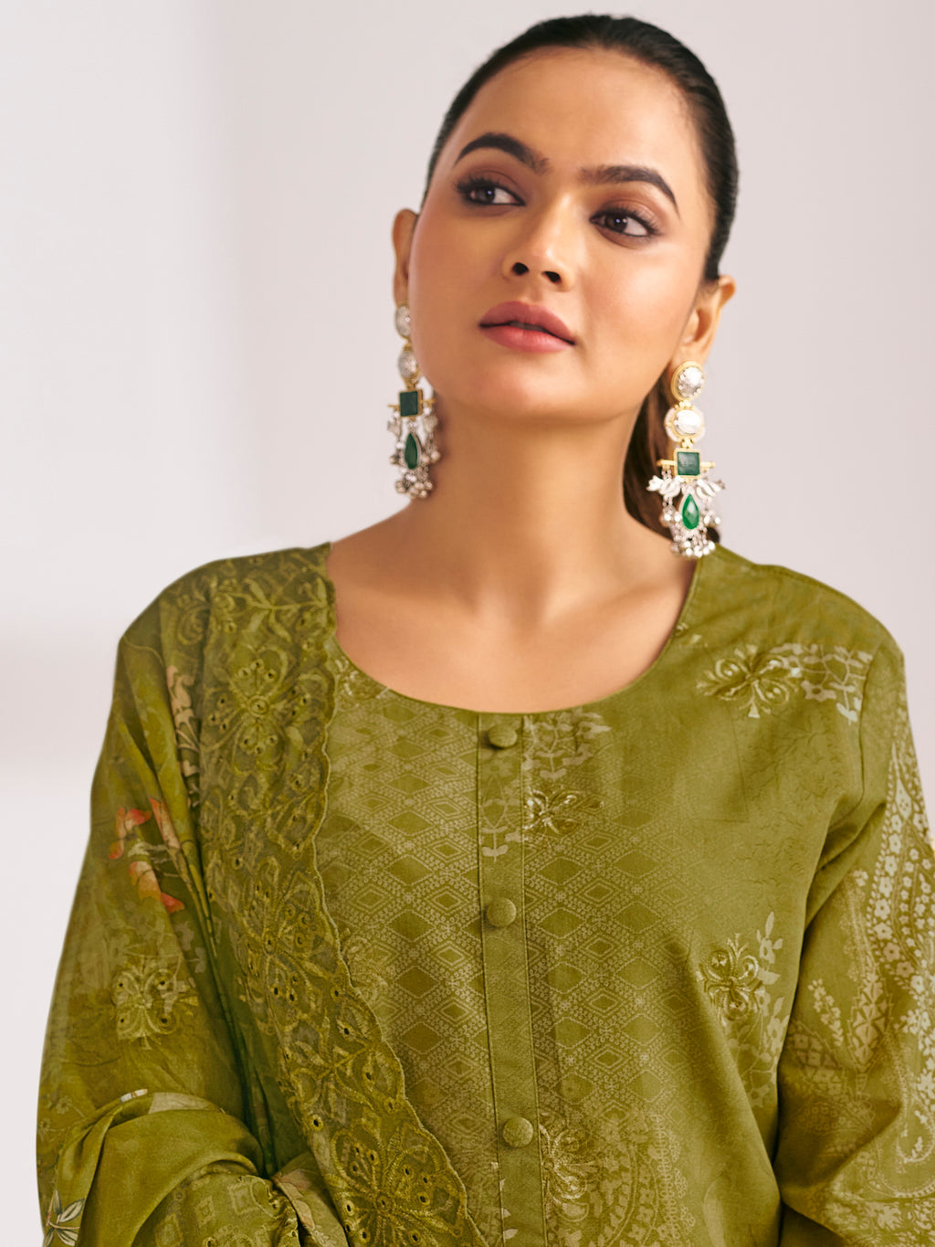 Olive Lawn Cotton Digital Print Suit | Floral Design with Resham Thread Work