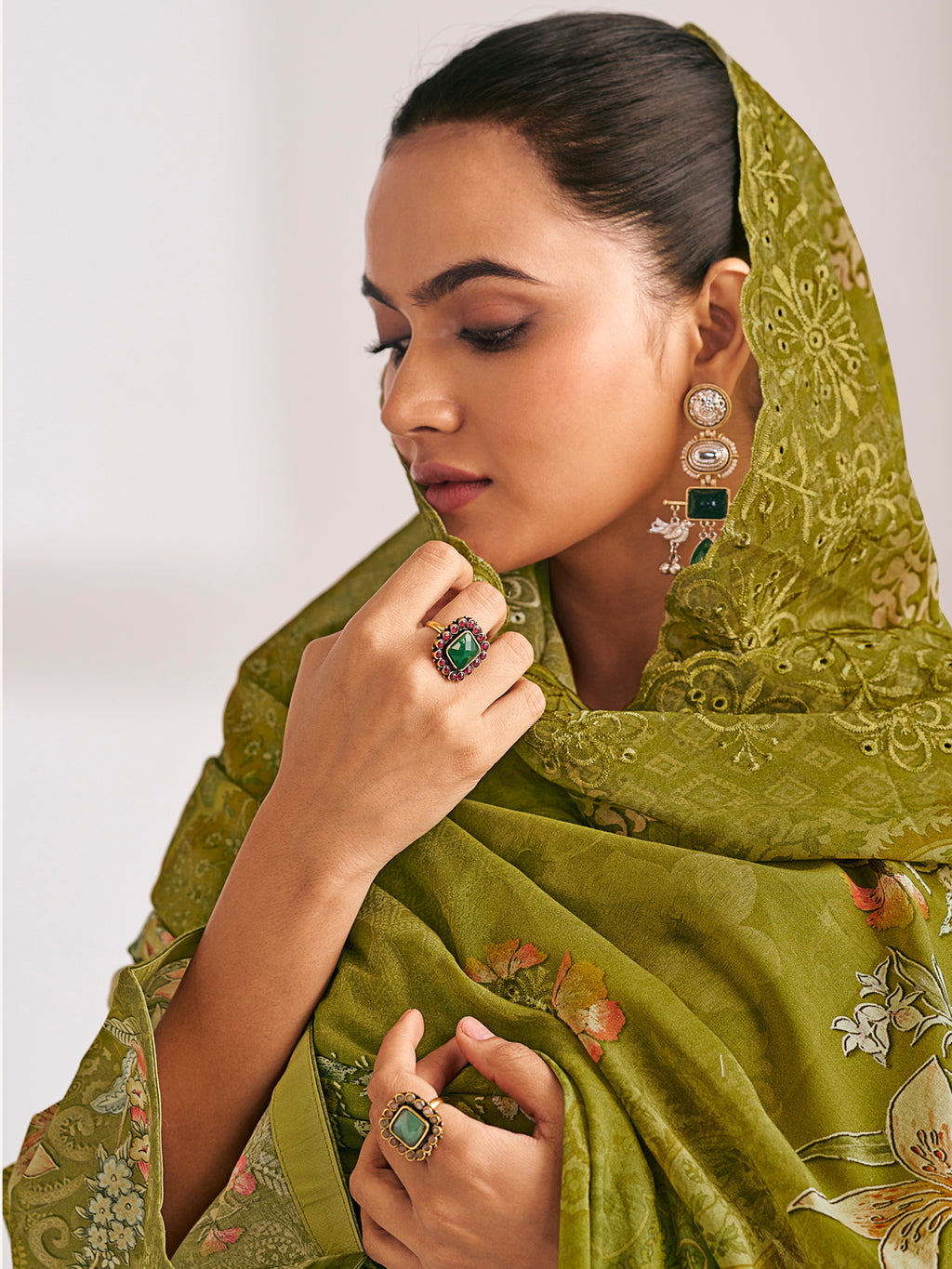 Olive Lawn Cotton Digital Print Suit | Floral Design with Resham Thread Work