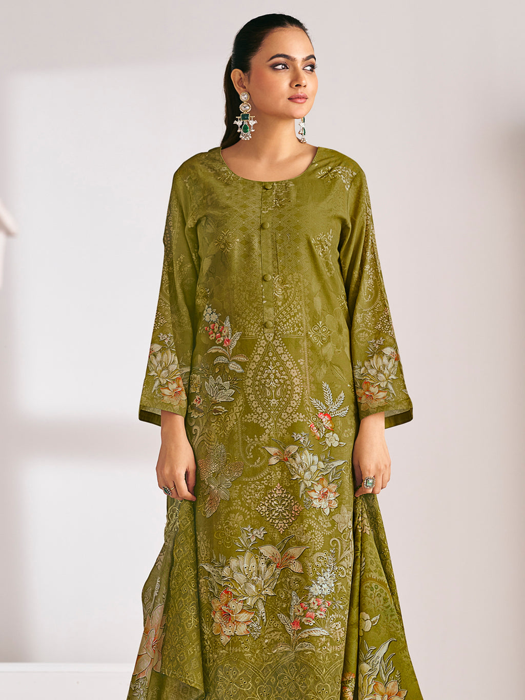 Olive Lawn Cotton Digital Print Suit | Floral Design with Resham Thread Work