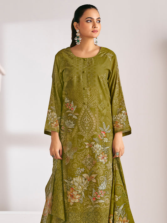Olive Lawn Cotton Digital Print Suit | Floral Design with Resham Thread Work| Unstitched Fabric