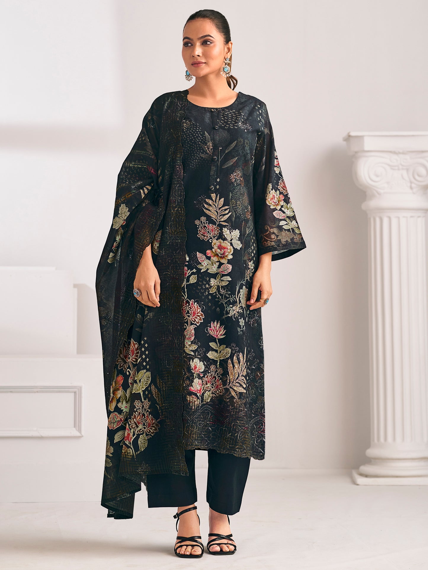 Black Lawn Cotton Digital Print Suit | Floral Design with Resham Thread Work| Unstitched Fabric