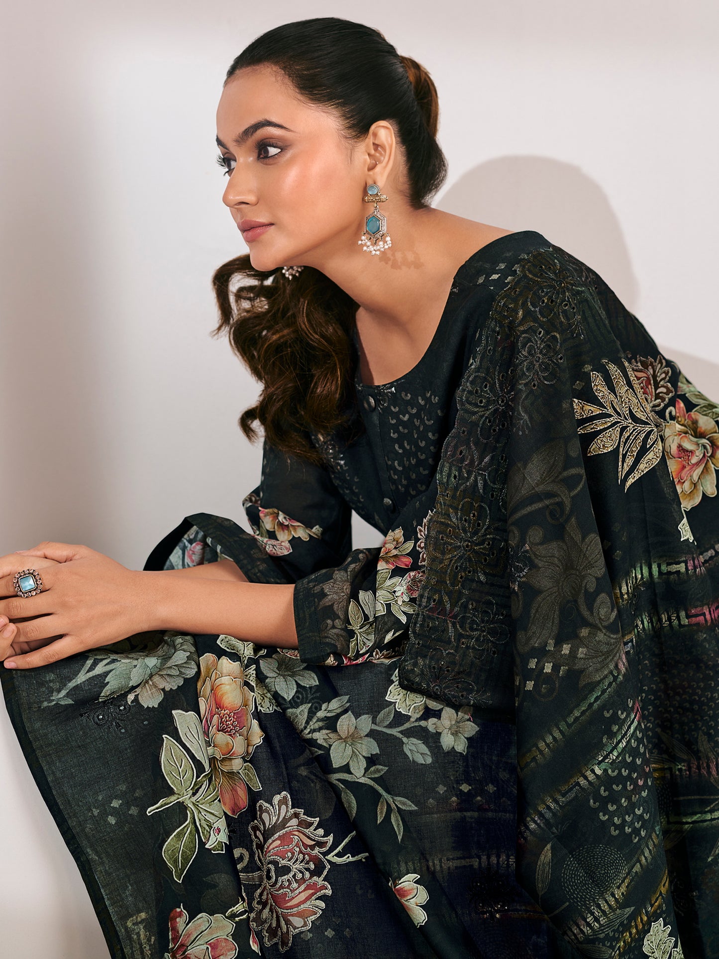 Black Lawn Cotton Digital Print Suit | Floral Design with Resham Thread Work| Unstitched Fabric