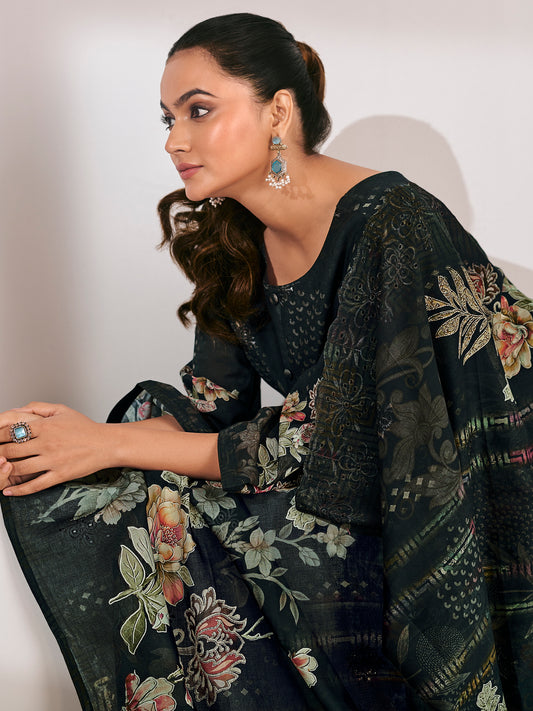 Black Lawn Cotton Digital Print Suit | Floral Design with Resham Thread Work| Unstitched Fabric