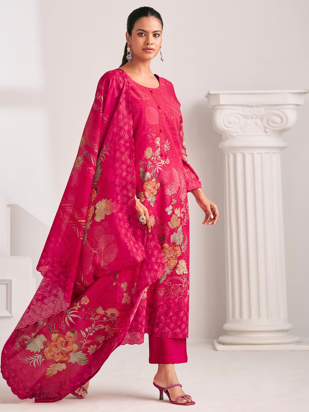 Magenta Lawn Cotton Digital Print Suit | Floral Design with Resham Thread Work