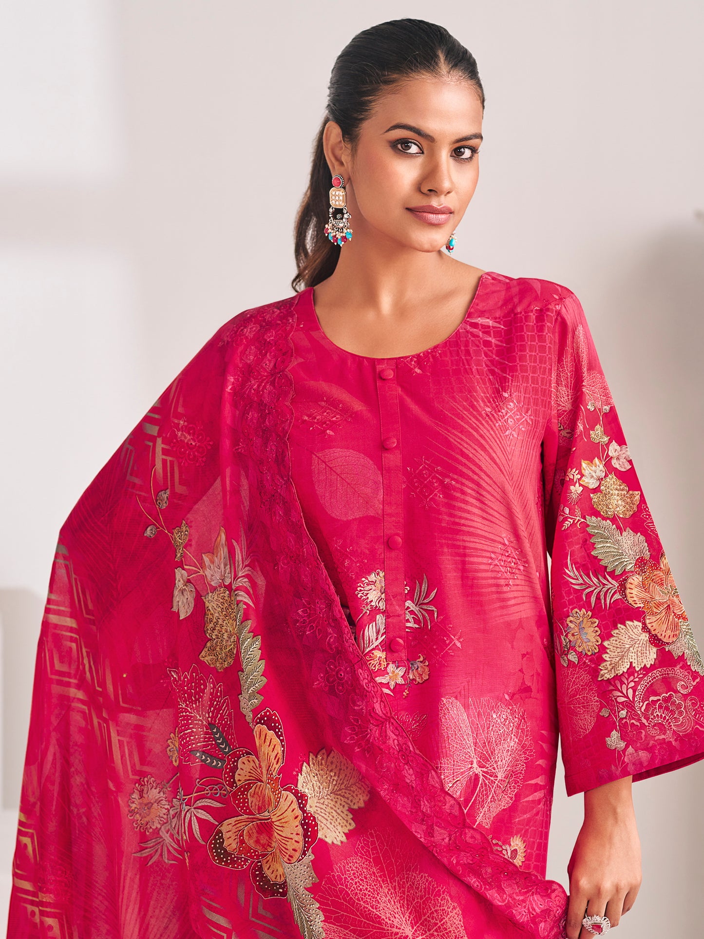 Magenta Lawn Cotton Digital Print Suit | Floral Design with Resham Thread Work| Unstitched Fabric