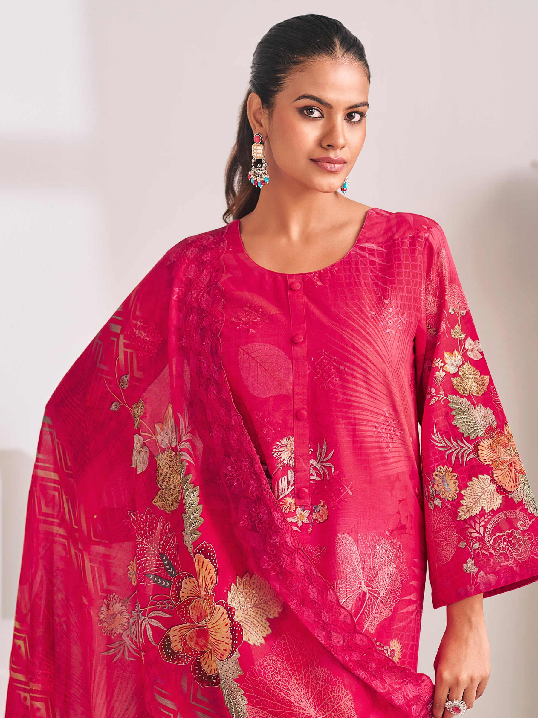 Magenta Lawn Cotton Digital Print Suit | Floral Design with Resham Thread Work