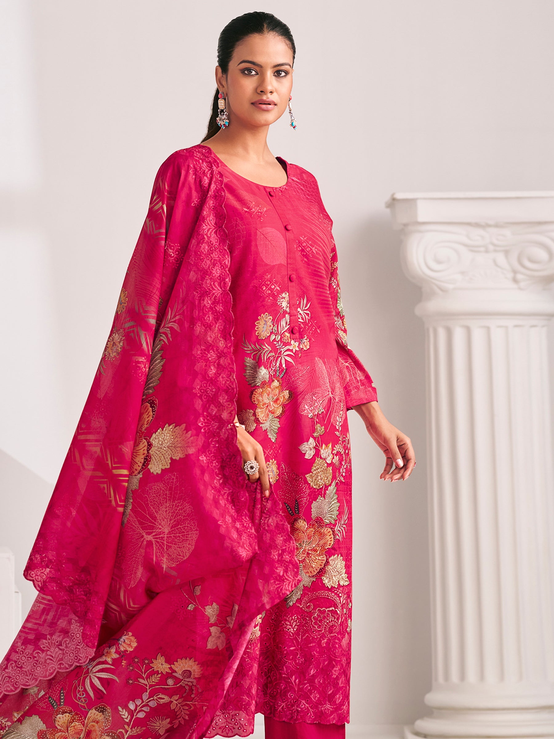 Magenta Lawn Cotton Digital Print Suit | Floral Design with Resham Thread Work