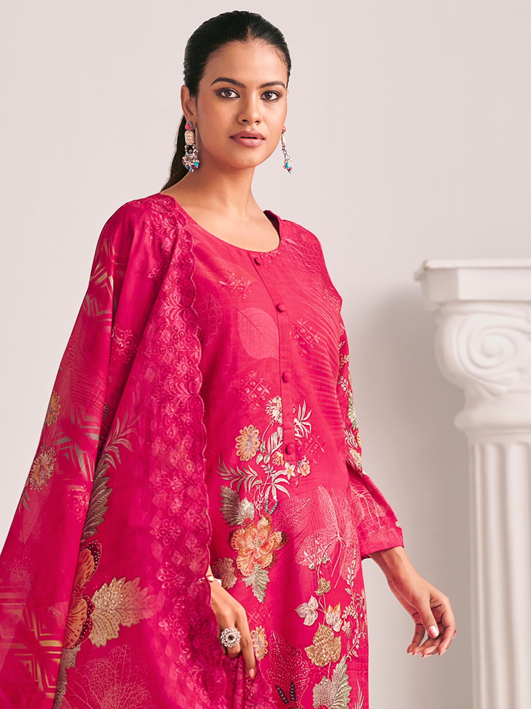 Magenta Lawn Cotton Digital Print Suit | Floral Design with Resham Thread Work