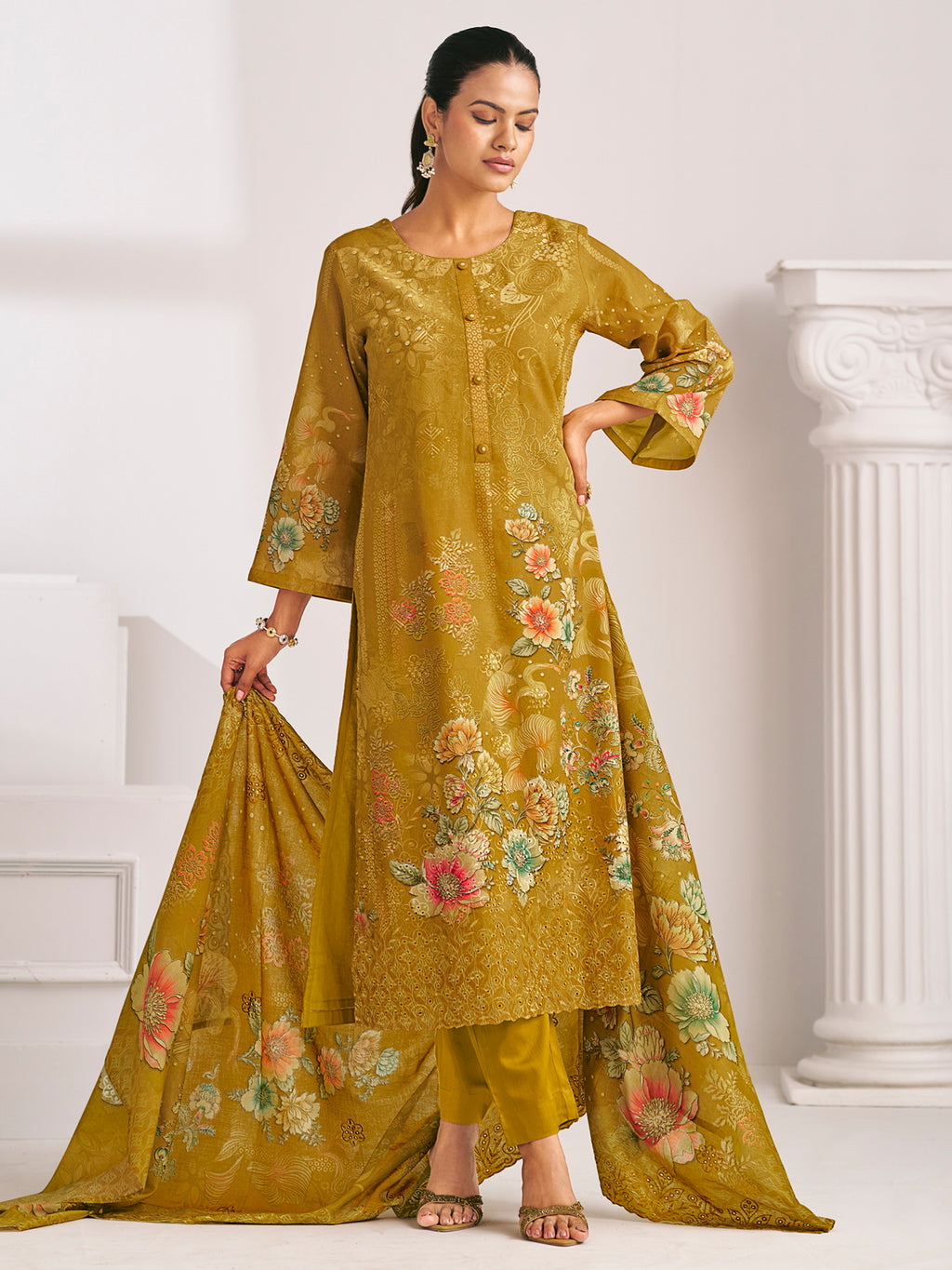 Mustard Lawn Cotton Digital Print Suit | Floral Design with Resham Thread Work