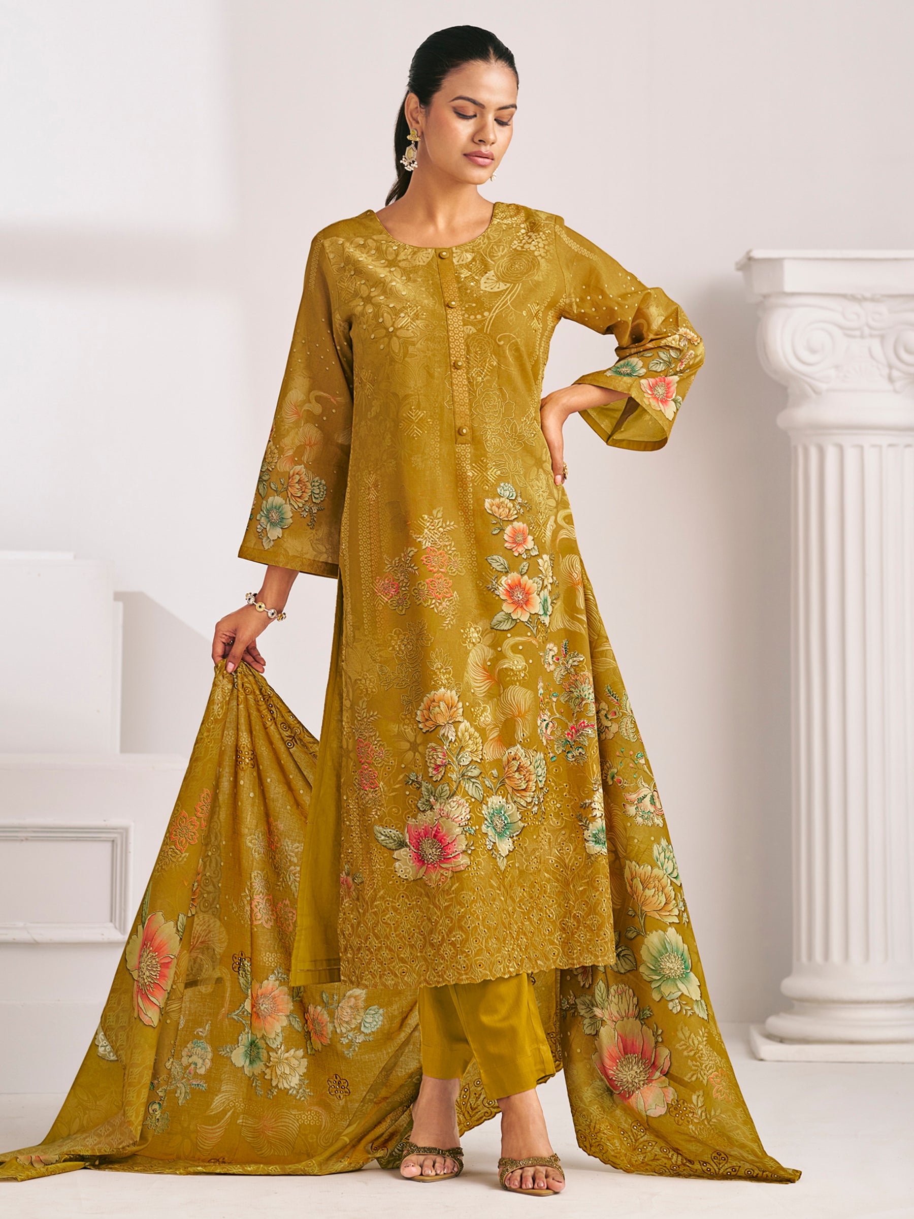 Mustard Lawn Cotton Digital Print Suit | Floral Design with Resham Thread Work