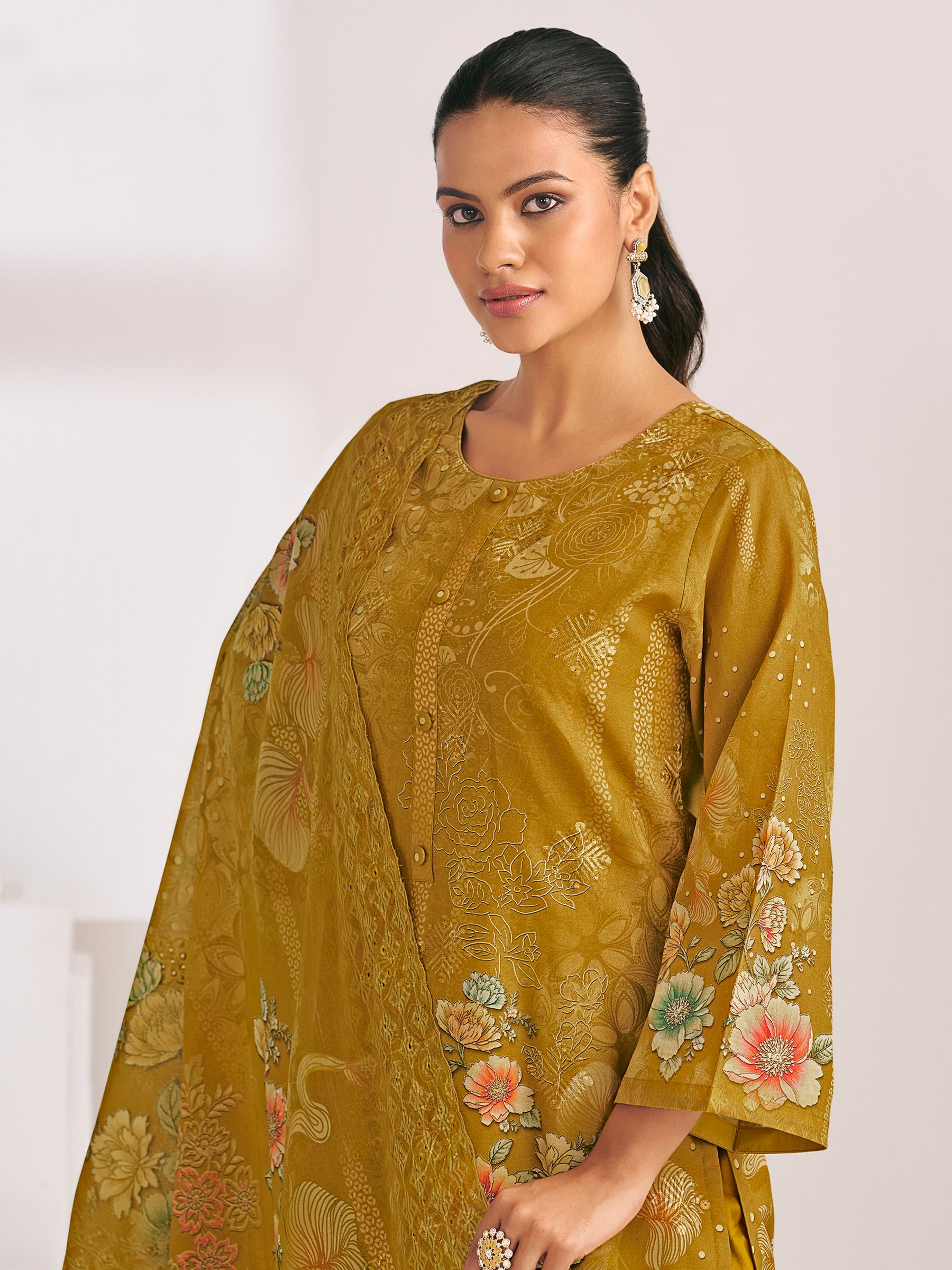Mustard Lawn Cotton Digital Print Suit | Floral Design with Resham Thread Work