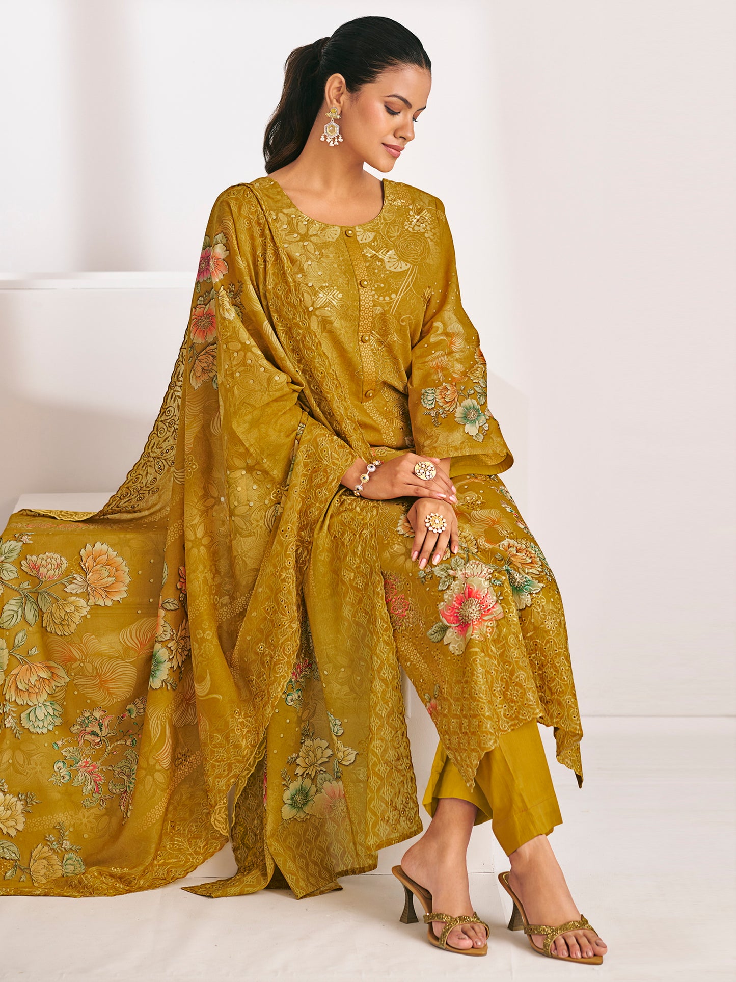 Mustard Lawn Cotton Digital Print Suit | Floral Design with Resham Thread Work| Unstitched Fabric